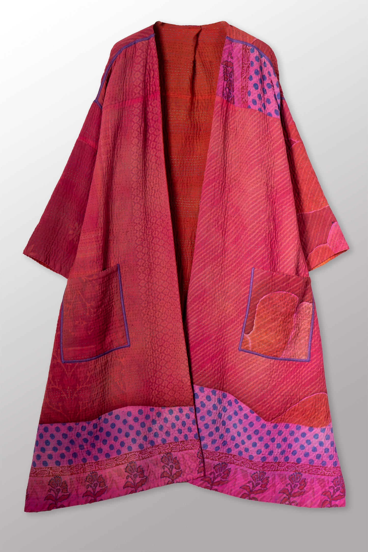 VINTAGE SILK GEORGETTE COTTON KANTHA LONG DUSTER - gc4328-0001a -