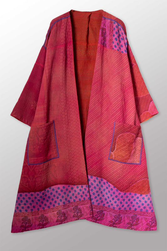 VINTAGE SILK GEORGETTE COTTON KANTHA LONG DUSTER - gc4328-0001a -
