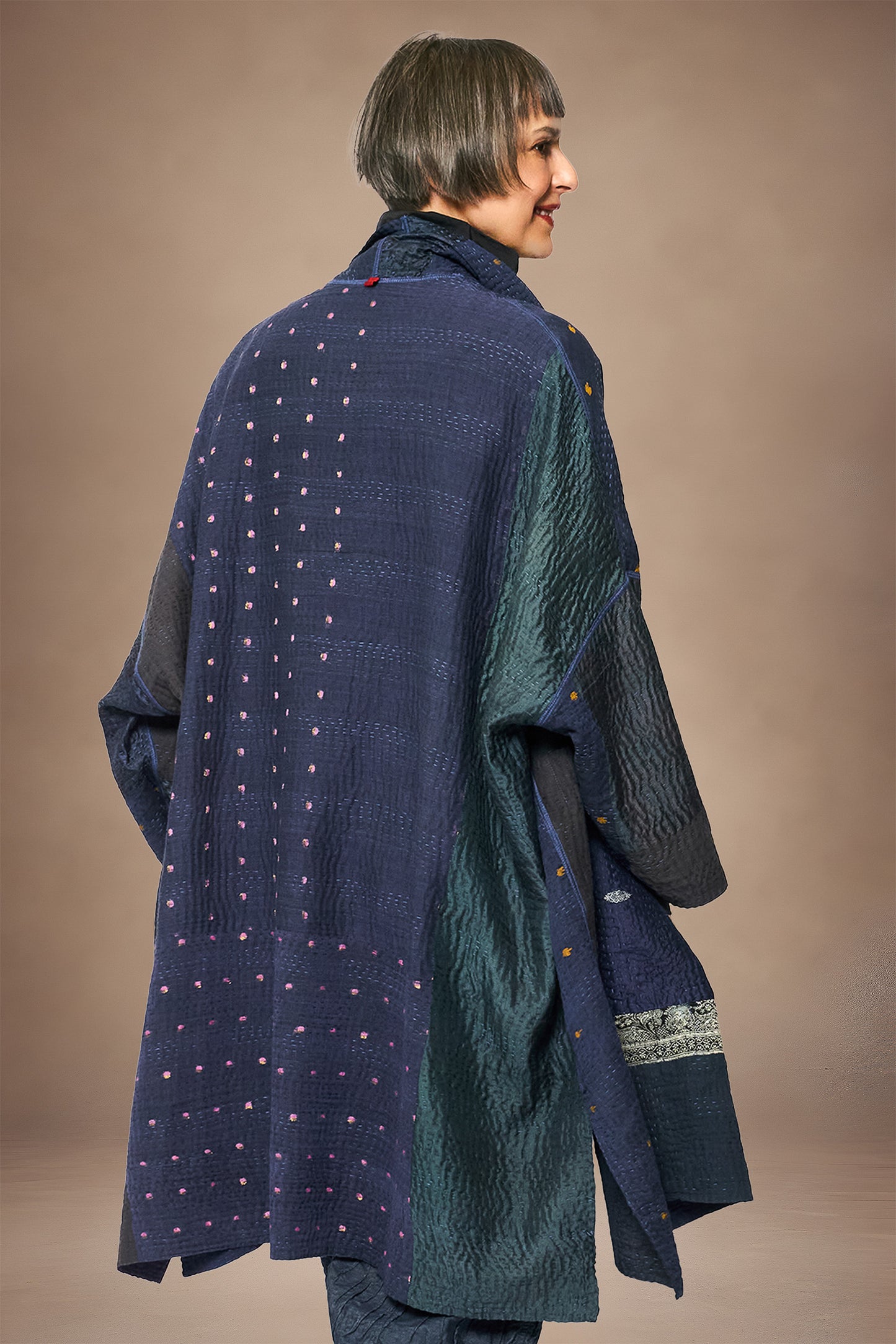 COTTON SILK SW PATCH KANTHA NEW KIMONO WRAP LONG - ws4360-gry -