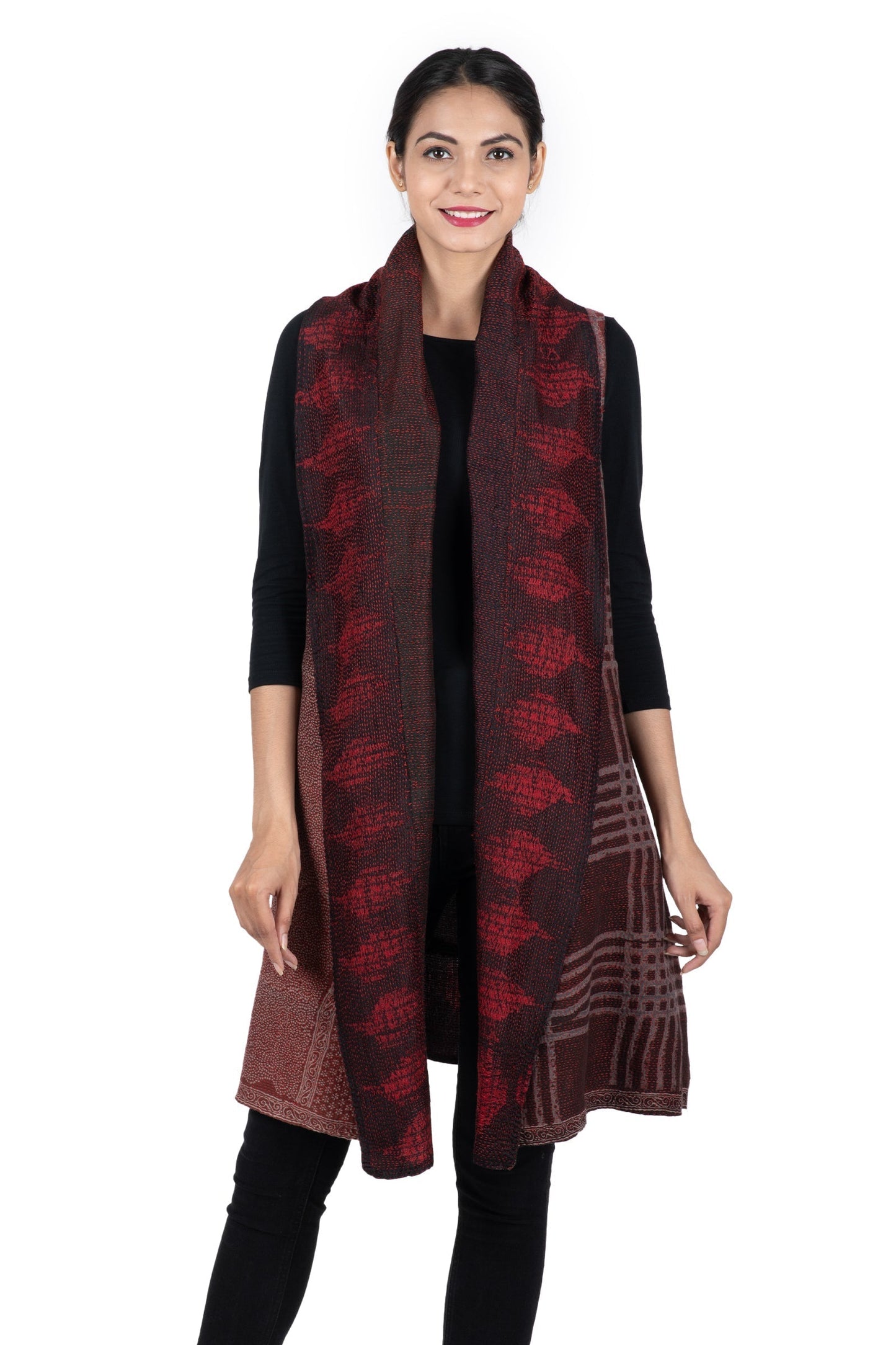 INDONESIAN PRINT & BORDER SHIBORI KANTHA SHAWL COLLAR VEST - ib2235-red -