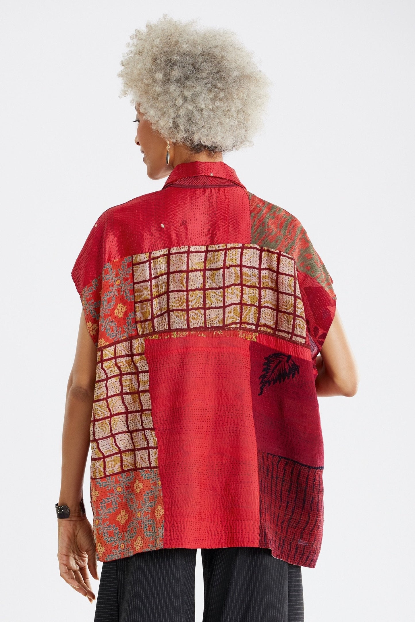GEORGETTE VINTAGE SILK PATCH KANTHA CAP SLV. SHIRT - gs2530-red -