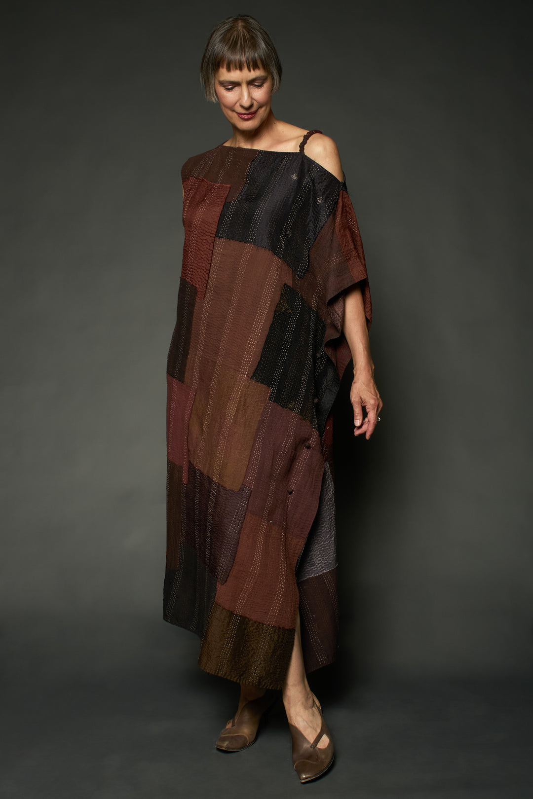 HALF SILK PATCH KANTHA ASYMMETRIC TUBE DRESS - hs2472-brn -