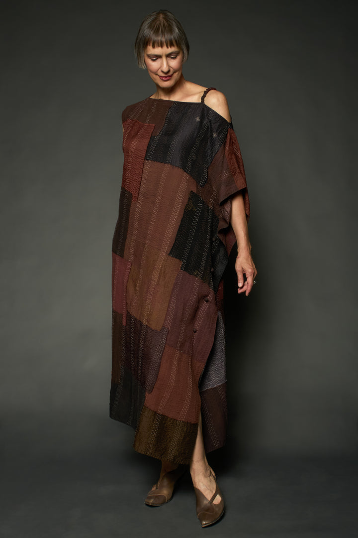 HALF SILK PATCH KANTHA ASYMMETRIC TUBE DRESS - hs2472-brn -