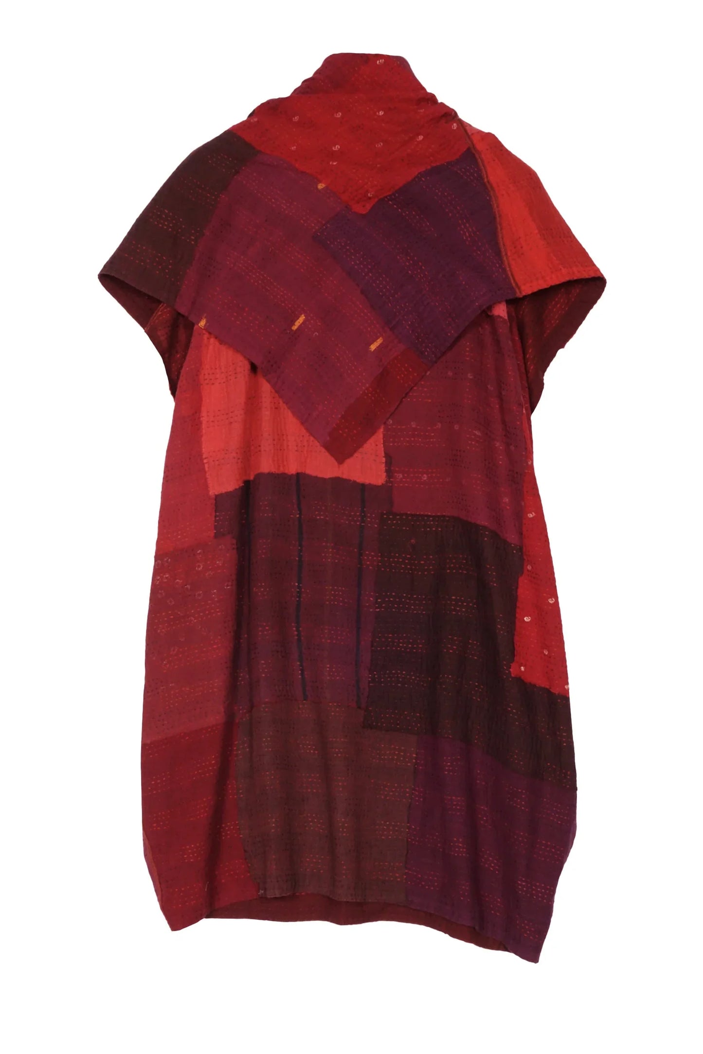 LANDSCAPE FRAYED PATCH KANTHA COWL NECK TUNIC - lf2523-red -