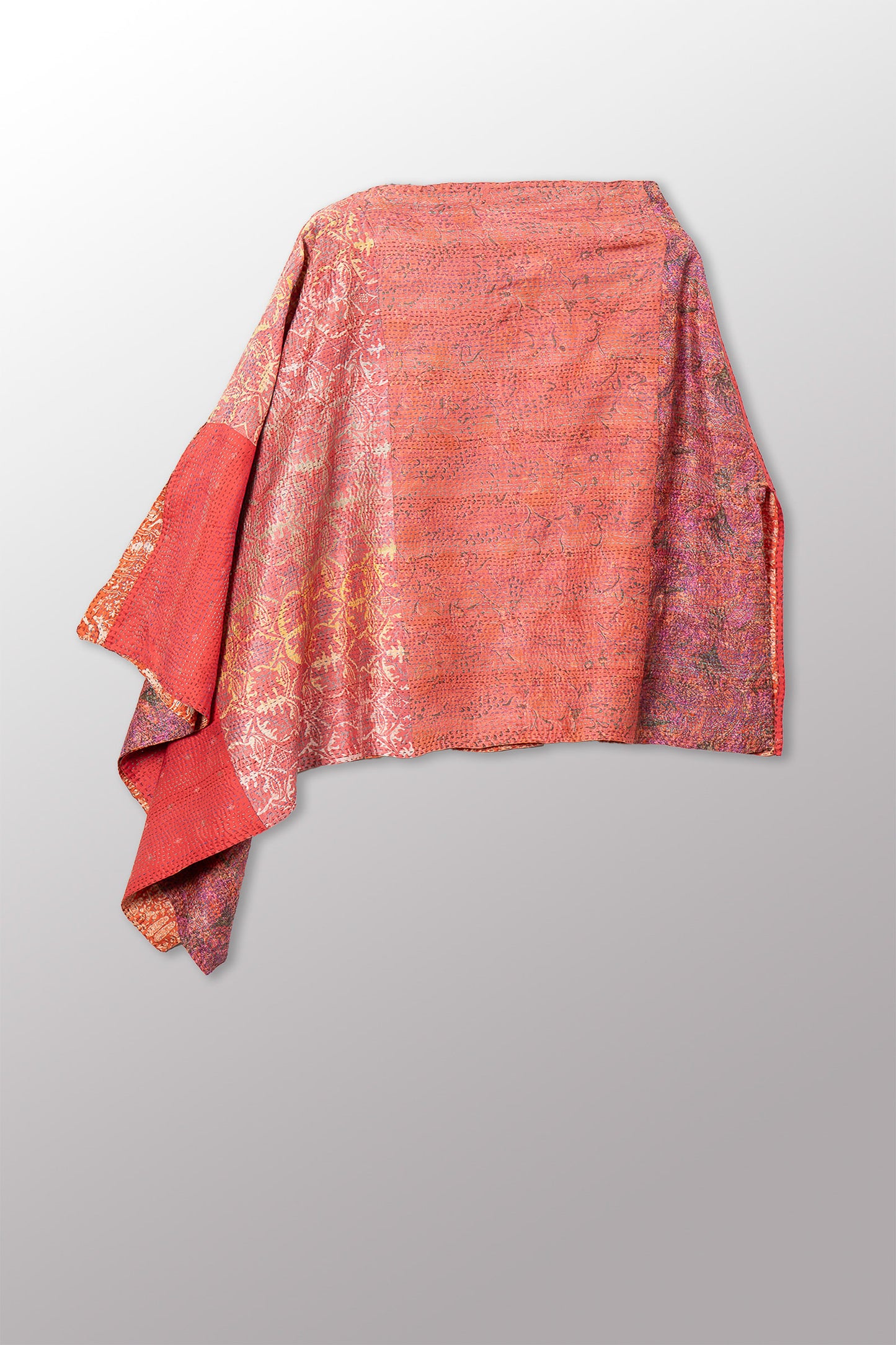 VINTAGE SILK KANTHA LONG CAPE - sv2841-0011a -
