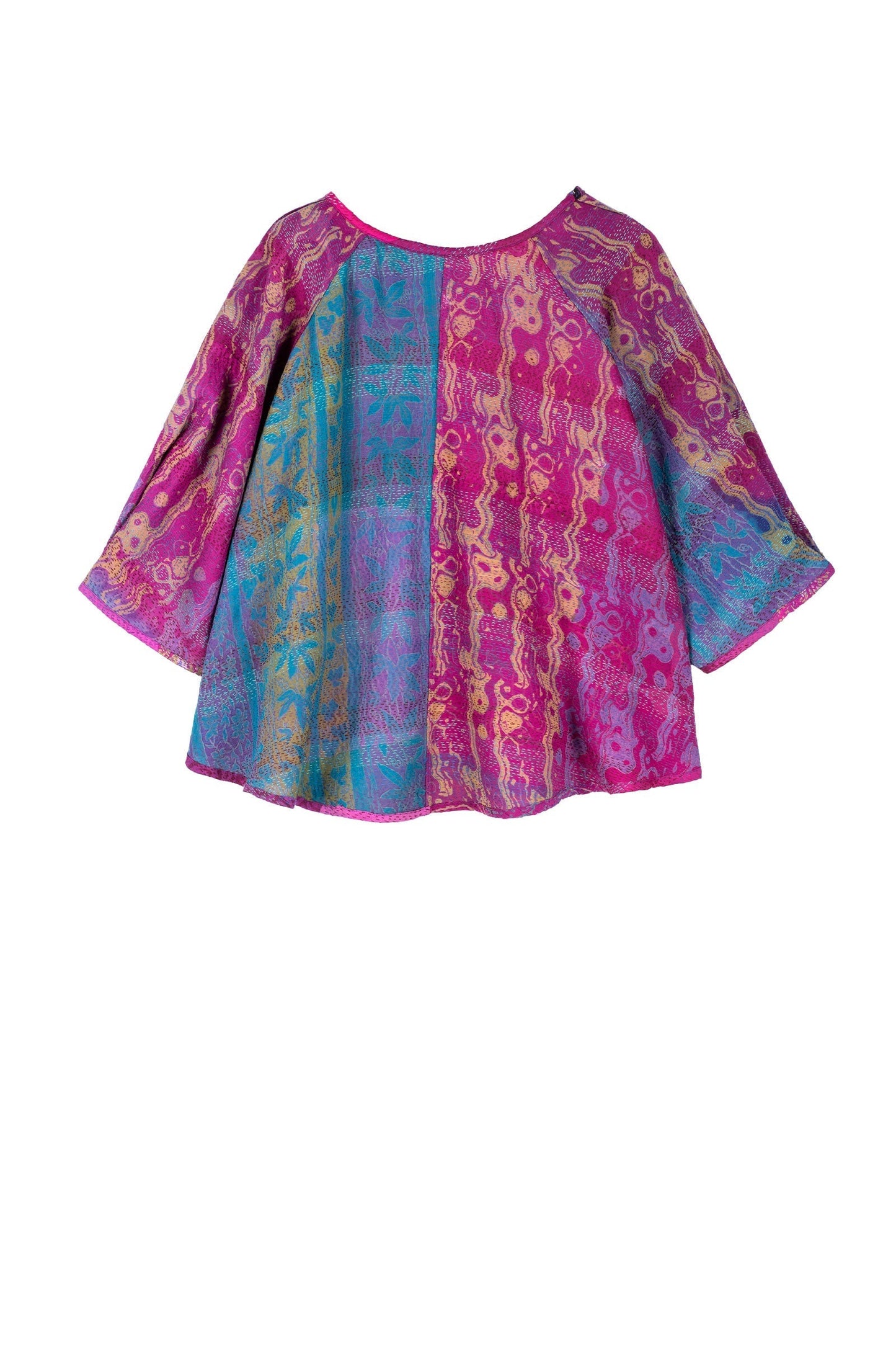 GEORGETTE VINTAGE SILK PATCH KANTHA PUFF SLV. FLARE SHORT TOP - gs2544-pik -