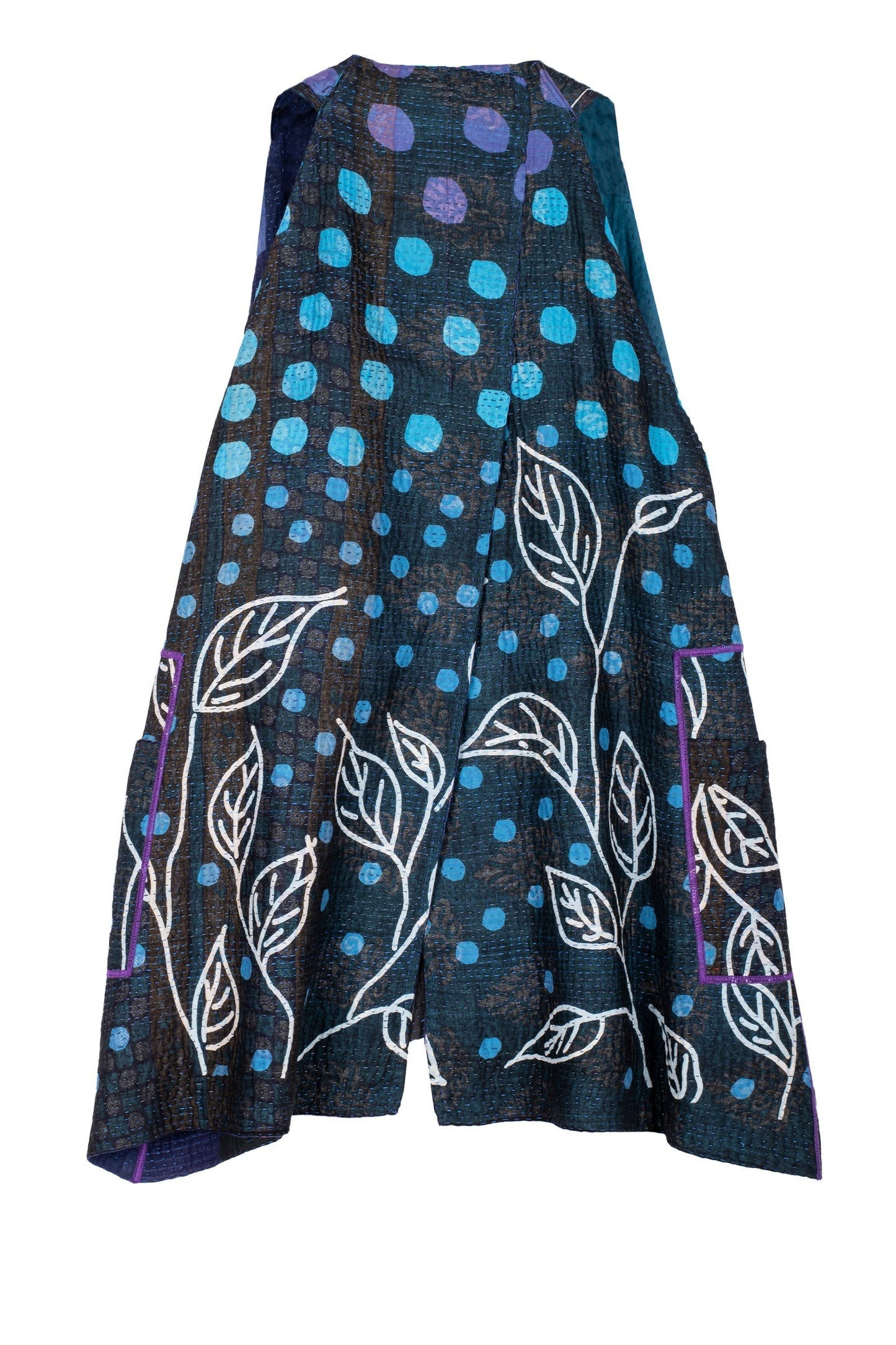 POLKA DOTS & LEAVES KANTHA BACK PLEATED VEST - dl4221-blu -