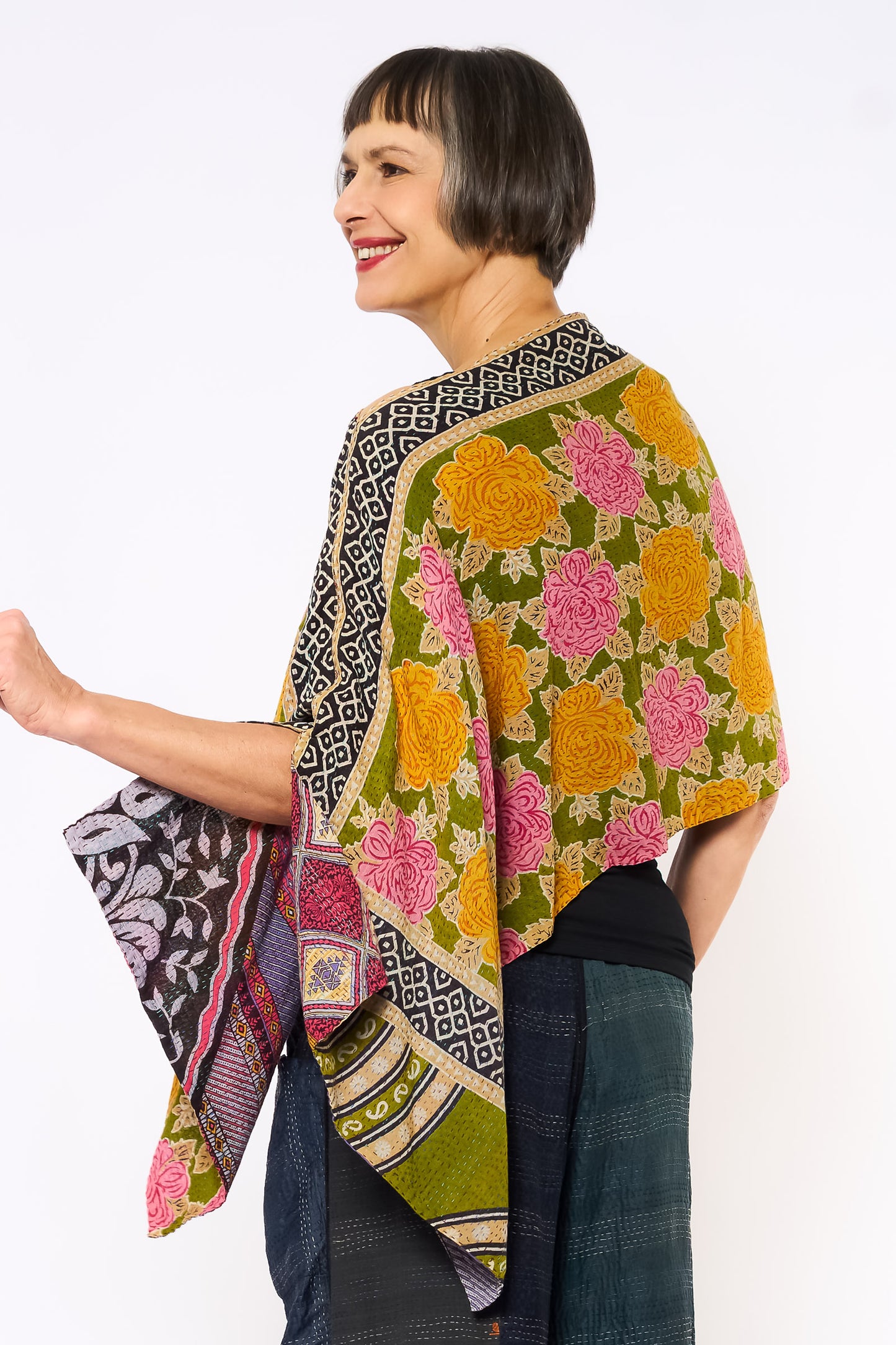 VINTAGE COTTON KANTHA CAPE - cv2806-mlt -