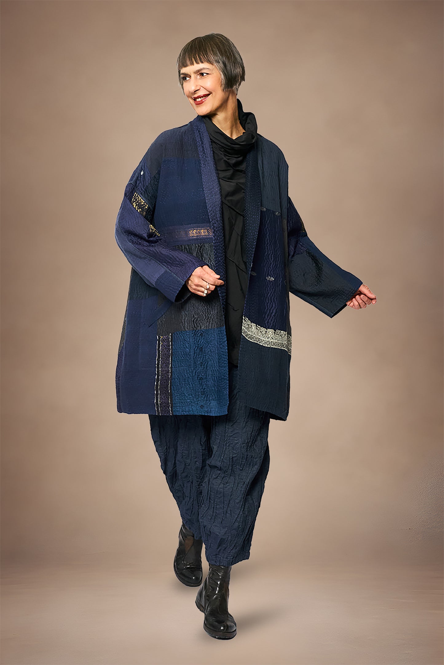 COTTON SILK SW PATCH KANTHA HAORI JACKET - ws4068-gry -
