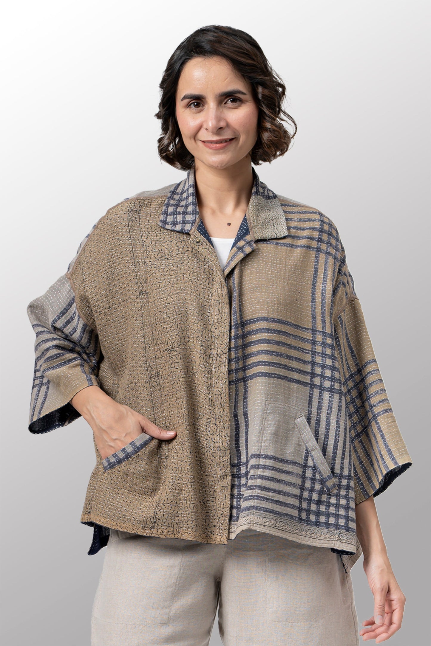 INDONESIAN PRINT VINTAGE INDIGO BACKING KANTHA CROPPED TENT SHIRT - bi2596-blu -