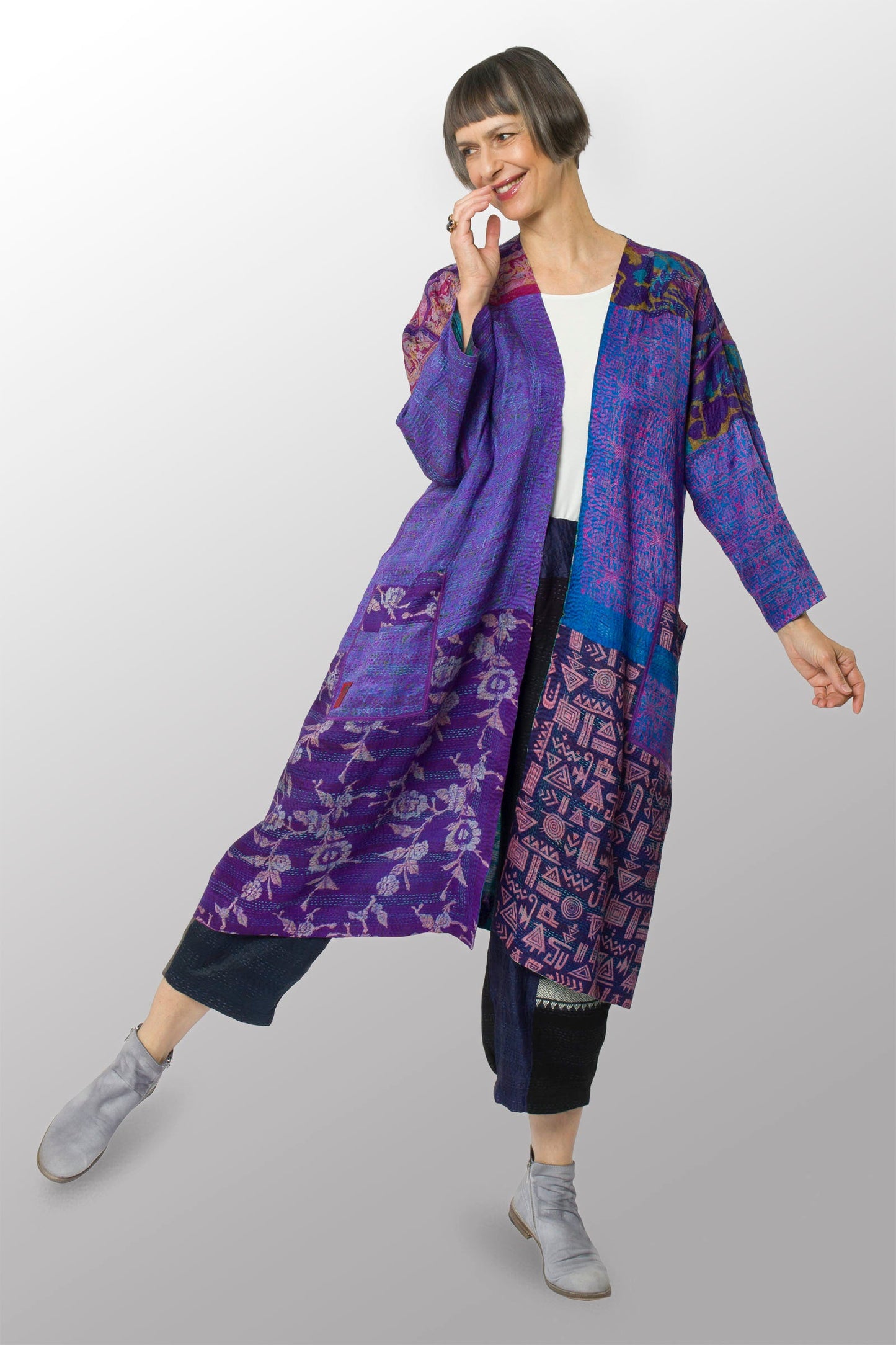 VINTAGE SILK KANTHA LONG DUSTER - sv2328-0008a -