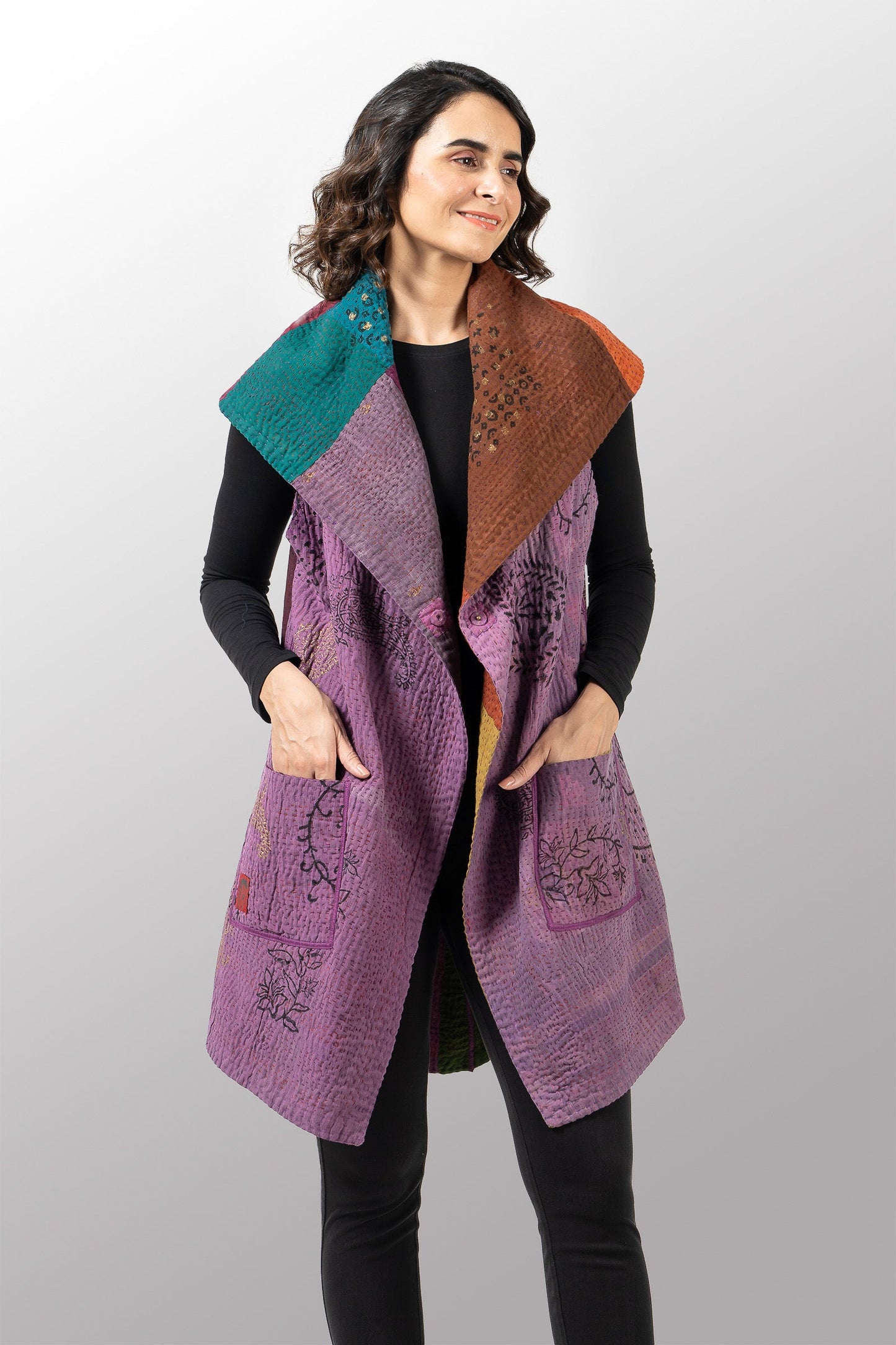 OMBRE PATCHED GOLD STAMP KANTHA CIRCULAR VEST - og4201-mlt -