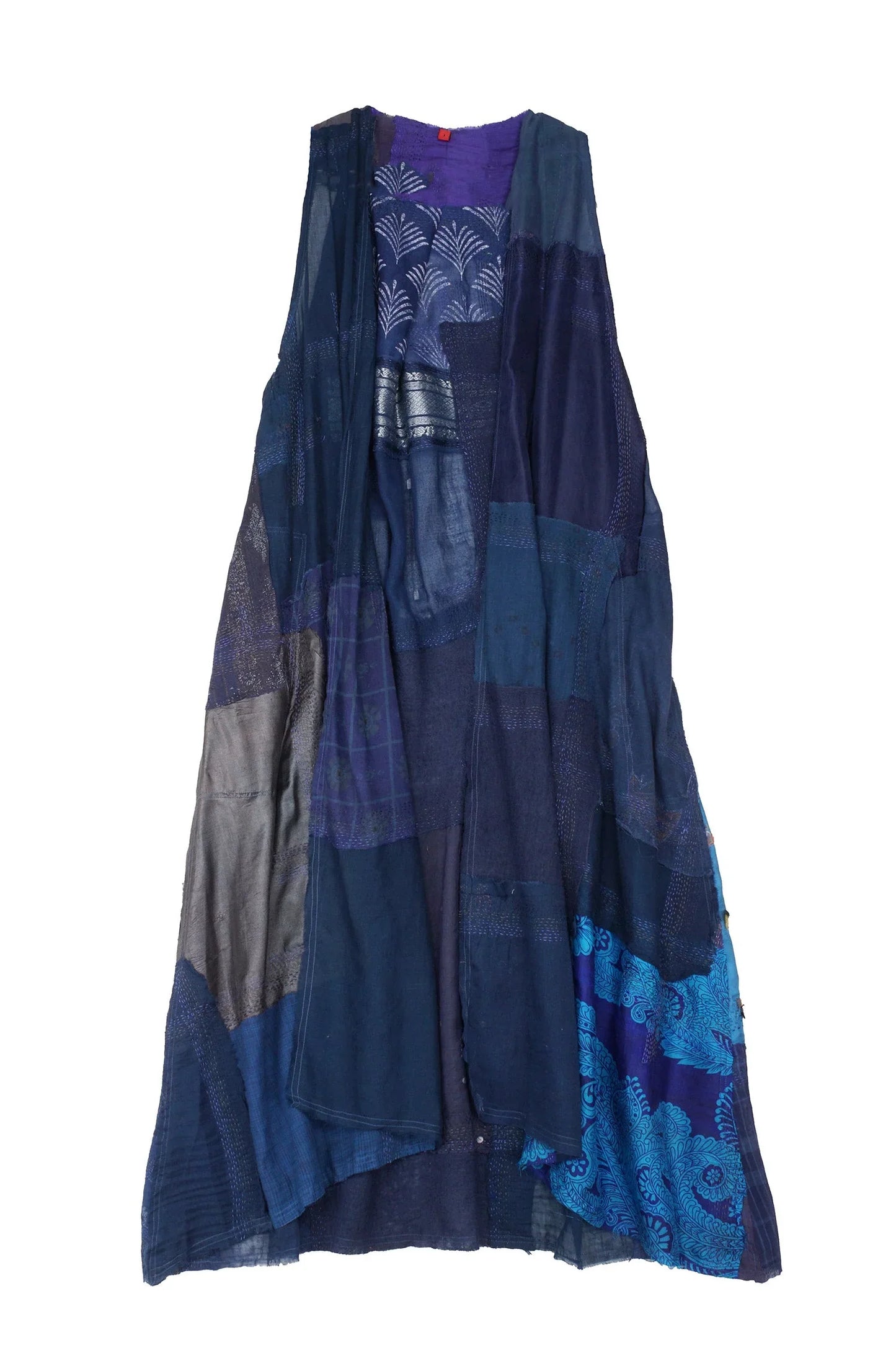 MOSAIC TILE PATCH KANTHA BACK PLEATED VEST MAXI - mt1222-nvy -
