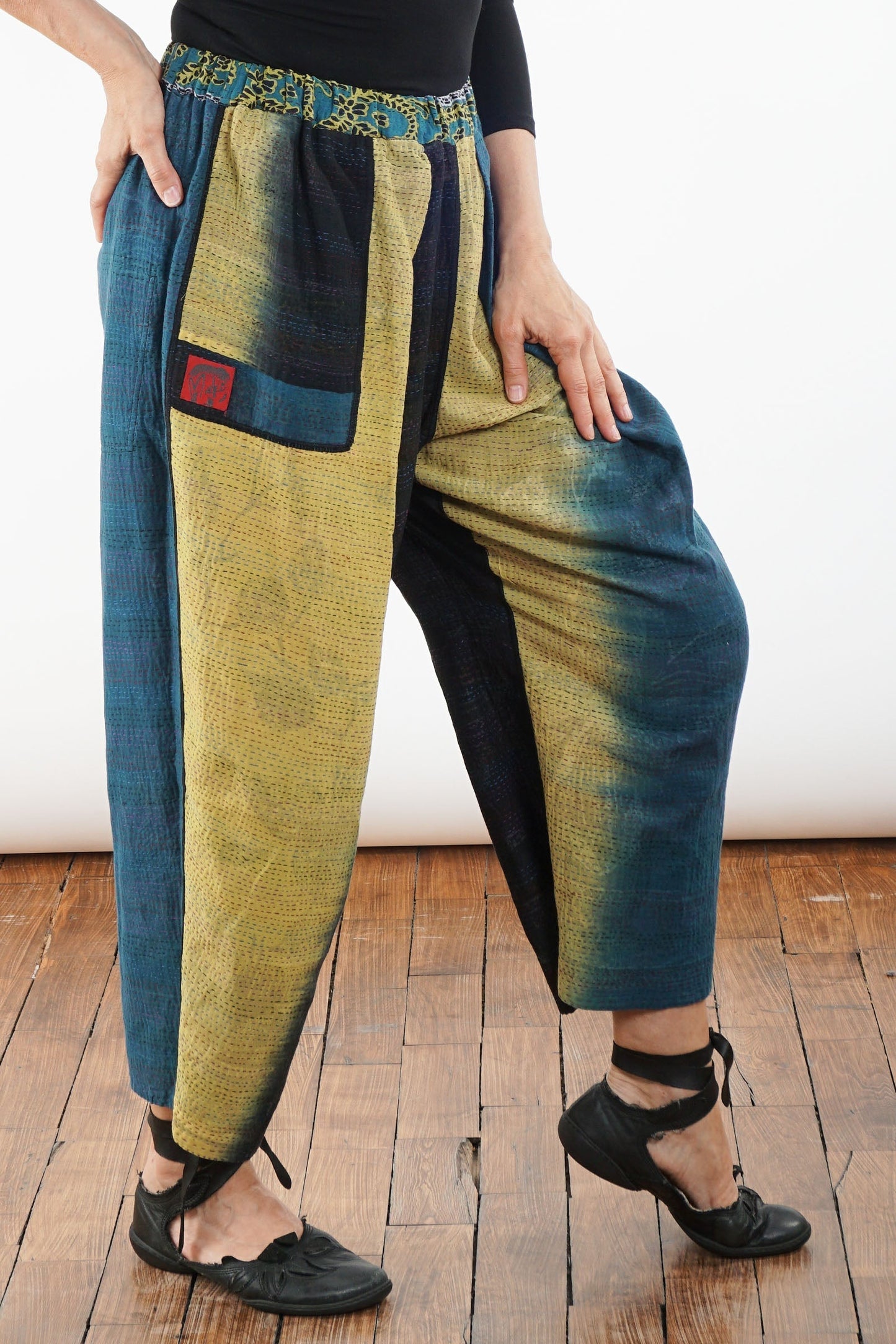 ORGANIC LEAVES KANTHA BAGGY PANTS - ol2642-blk -