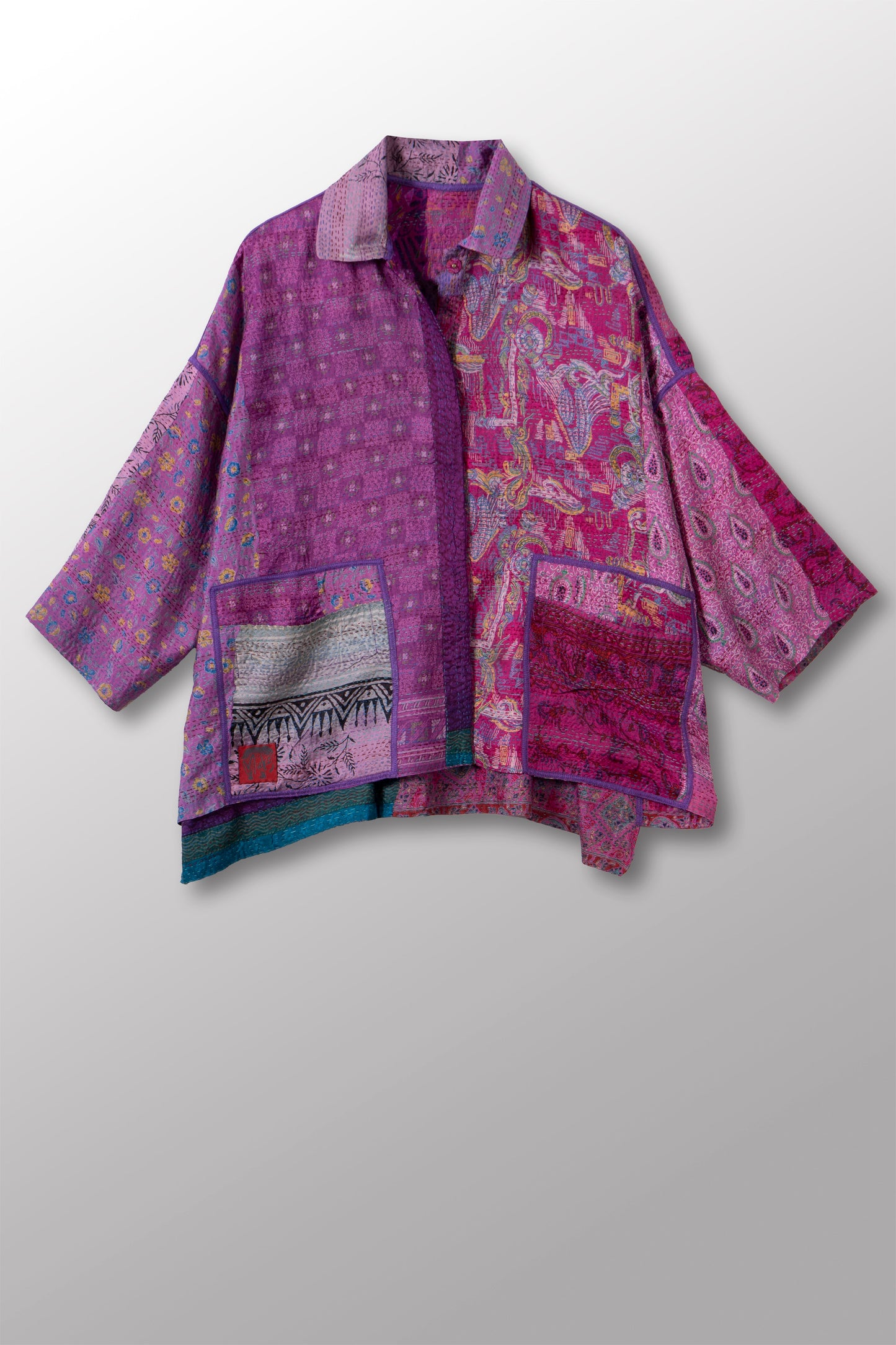 VINTAGE SILK KANTHA CROPPED TENT SHIRT - sv2596-0003a -
