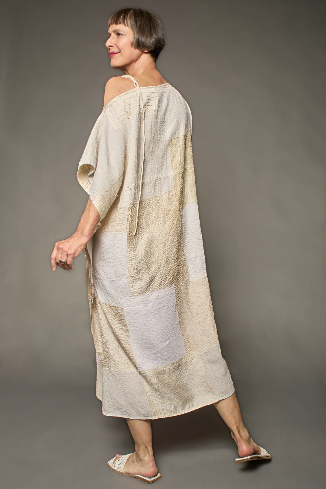 HALF SILK PATCH KANTHA ASYMMETRIC TUBE DRESS - hs2472-ivy -
