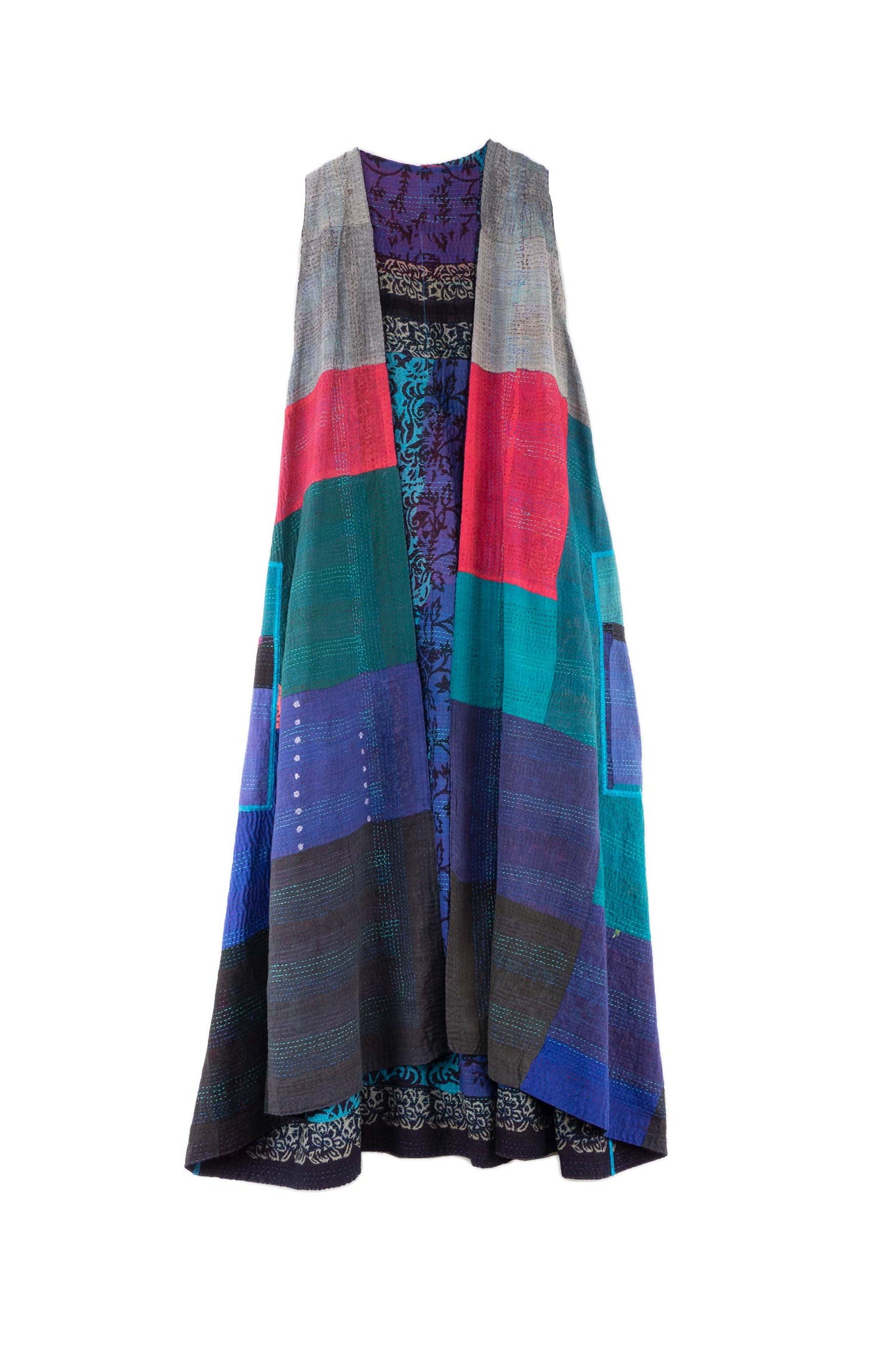 BAGH PRINT KANTHA BACK PLEATED VEST MAXI - bg2222-blu -
