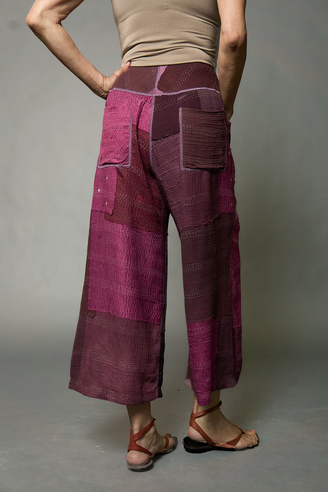 MOSAIC FRAY PATCH KANTHA PLEATED WIDE LEG PANTS - zb2678-prp -