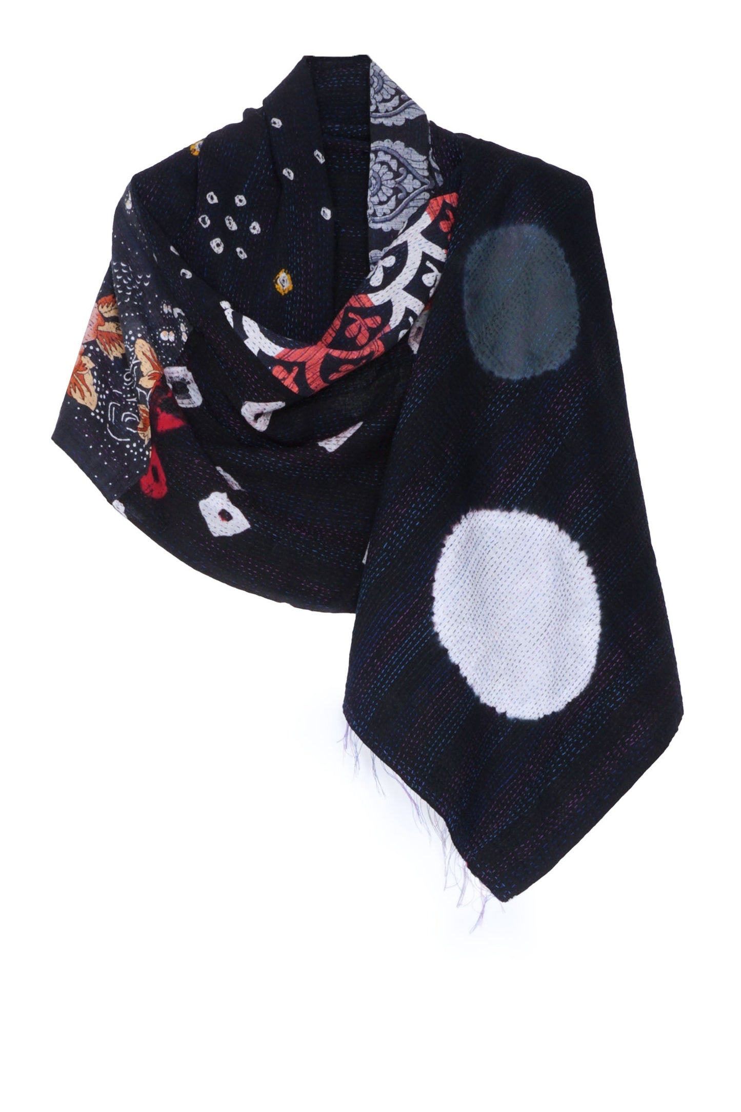 PATCH & CIRCLE PRINT KANTHA SCARF STANDARD - pc2801-blk -