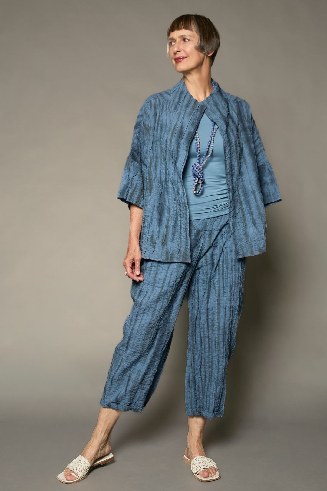 DOUBLE TIE DYE RIPPLE TUCK HIGHT NECK TOP - trw1t107-gry -