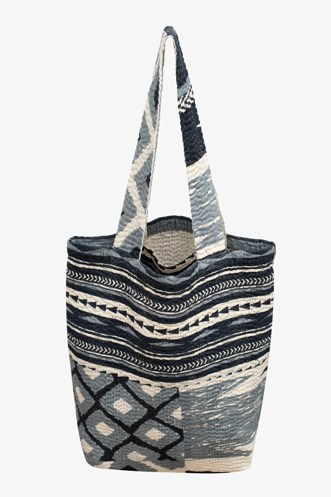 Monotone Ikat Handmade Vintage Kantha Tote Bag - Monotone Black