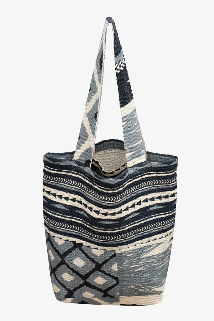 Monotone Ikat Handmade Vintage Kantha Tote Bag - Monotone Black