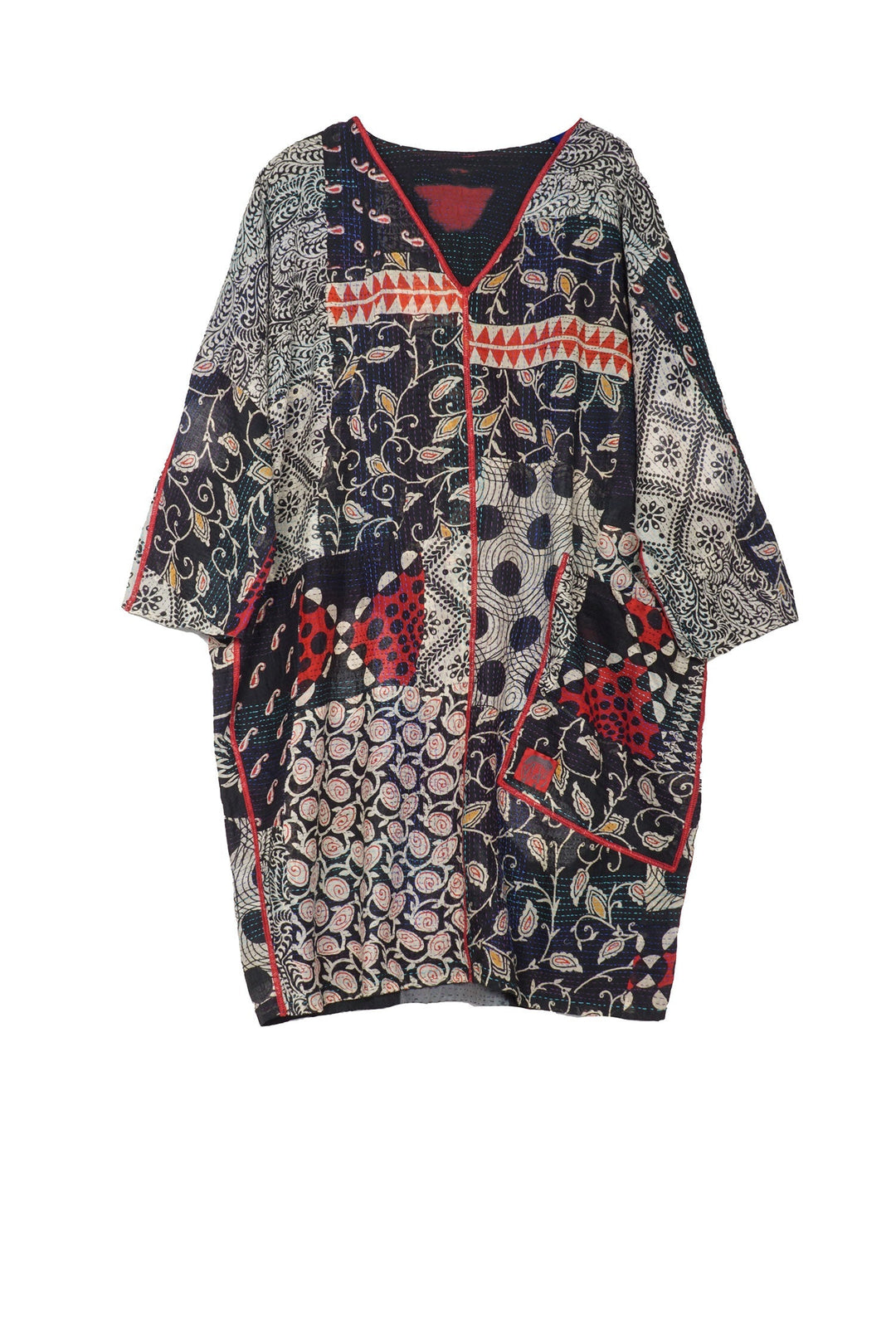 PATCH &amp; CIRCLE PRINT KANTHA DOLMAN SLV. DRESS - pc2410-blk -