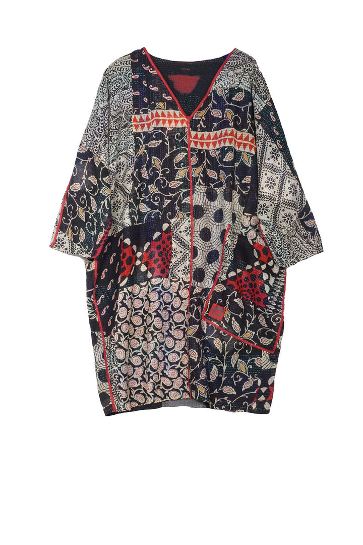 PATCH &amp; CIRCLE PRINT KANTHA DOLMAN SLV. DRESS - pc2410-blk -