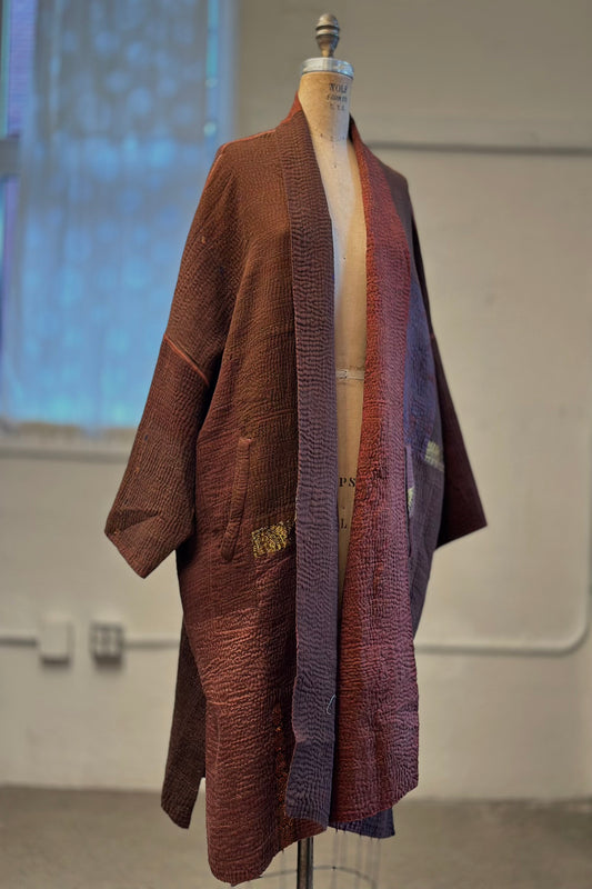 COTTON SILK SW PATCH KANTHA NEW KIMONO WRAP LONG - ws4360-brn -