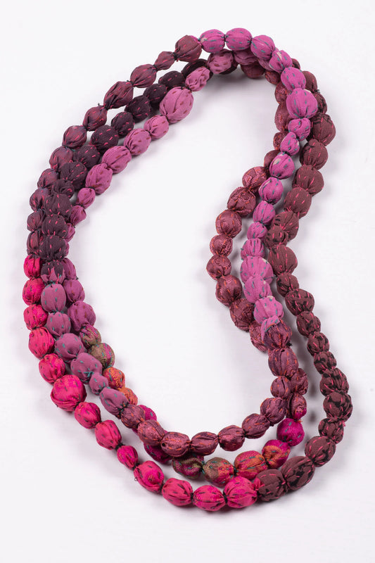 GEORGETTE JACQUARD VINTAGE SILK KANTHA TIE-BEADS LONG NECKLACE - gj2707-ppu -