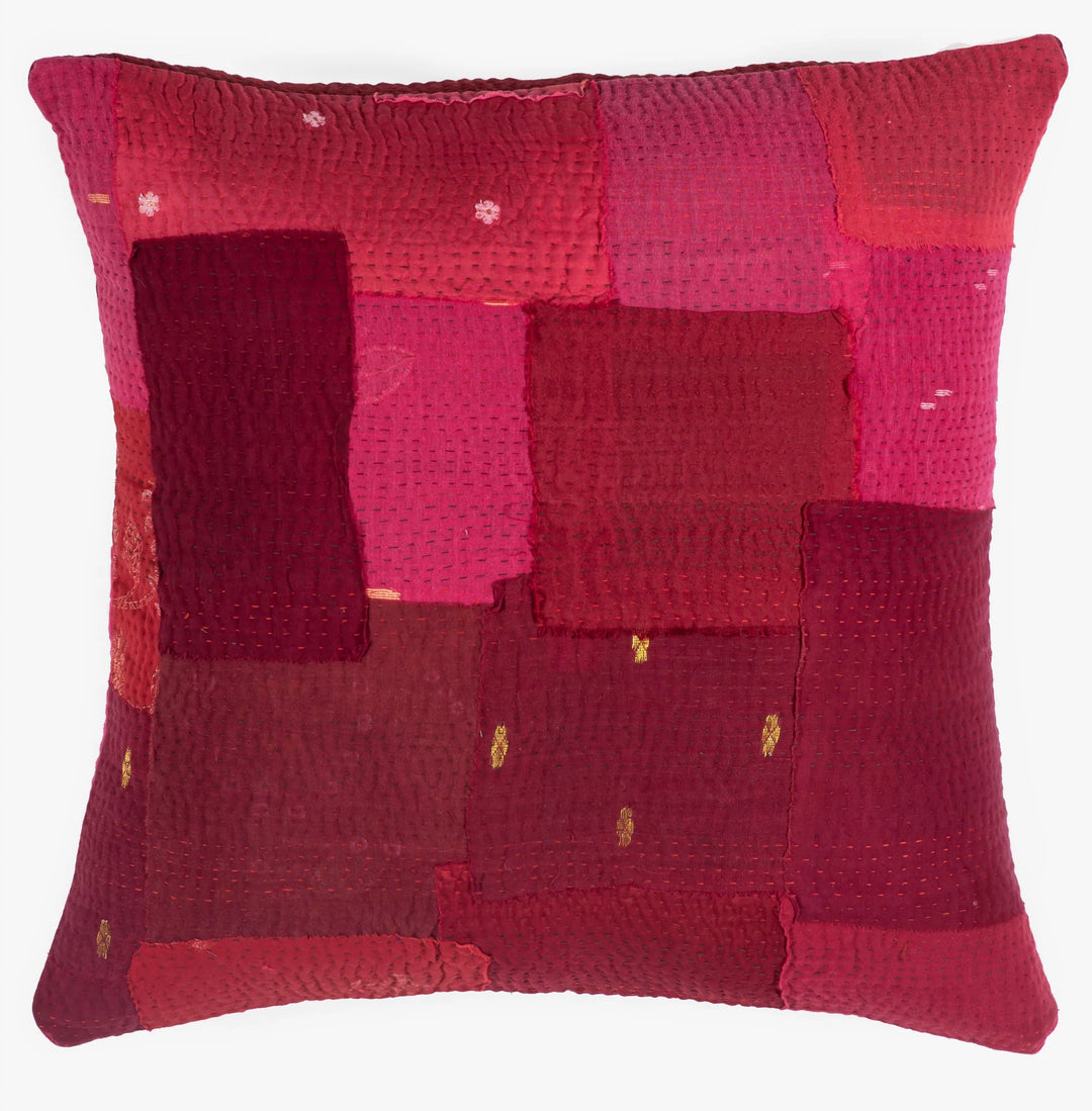 Landscape Fray Patch vintage Kantha Pillow - Red