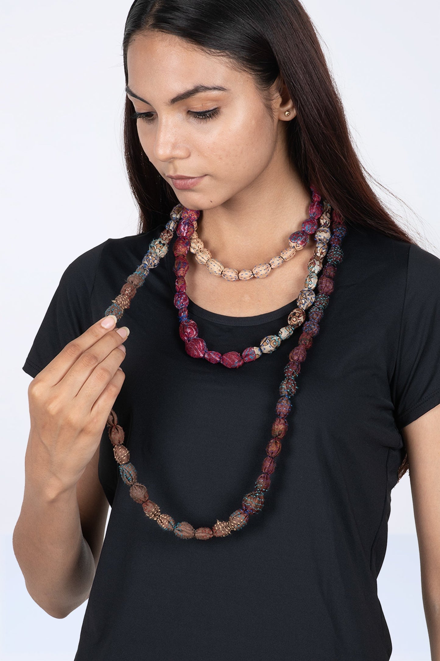 VINTAGE SILK KANTHA TIE-BEADS LONG NECKLACE - sv2707-brn -