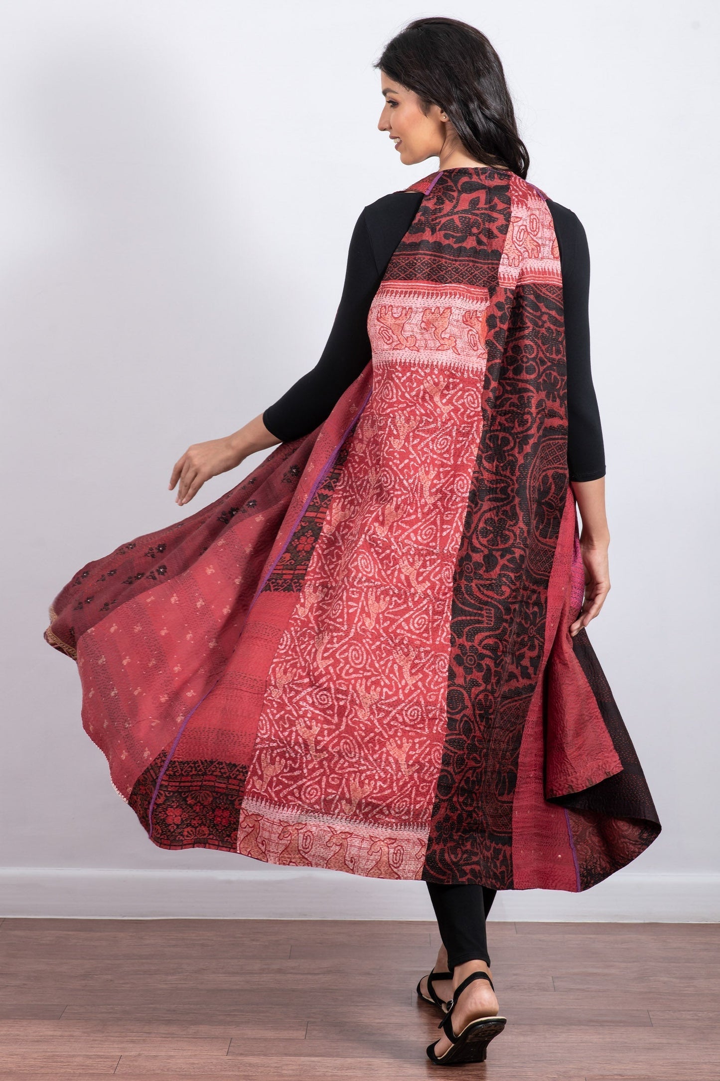 VINTAGE SILK PATCH KANTHA  BACK PLEATED VEST MAXI - vp2222-red -