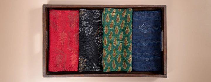 Landscape Fray patch vintage Kantha Napkin - Black (Set of 2)