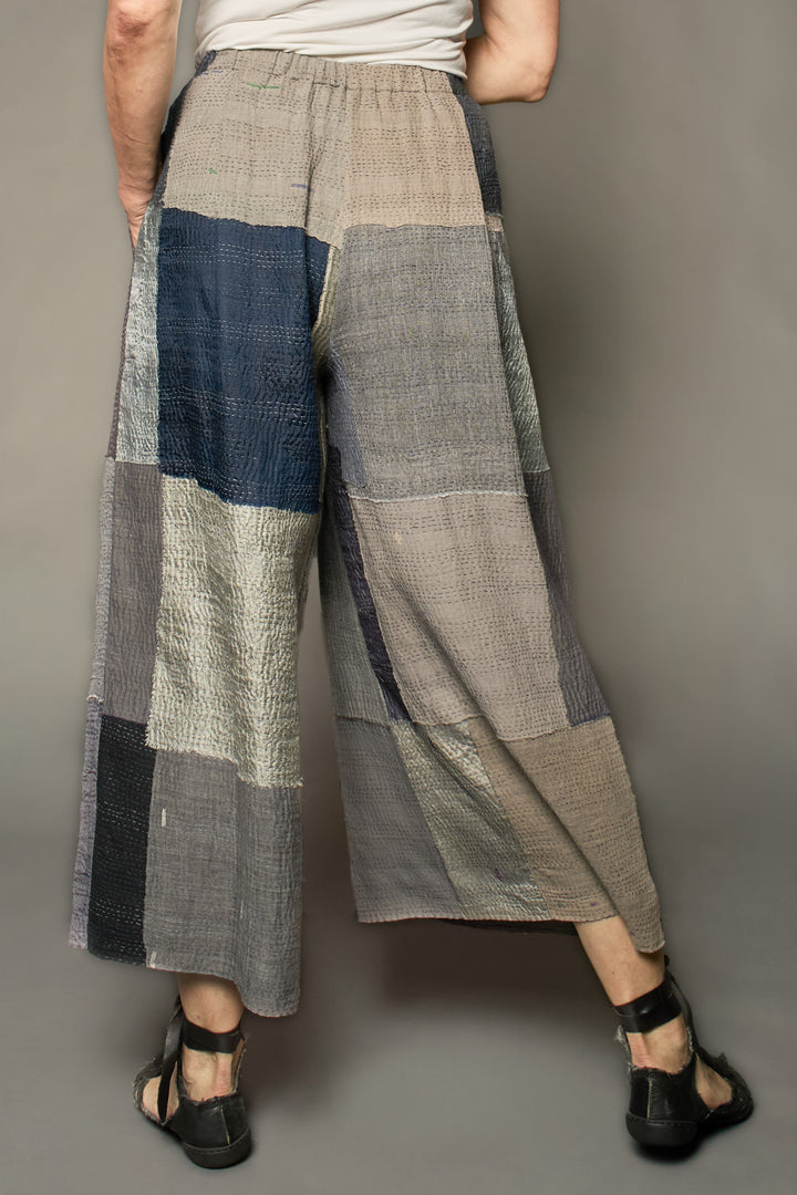 MOSAIC FRAY PATCH KANTHA PLEATED WIDE LEG PANTS - zb2678-gry -