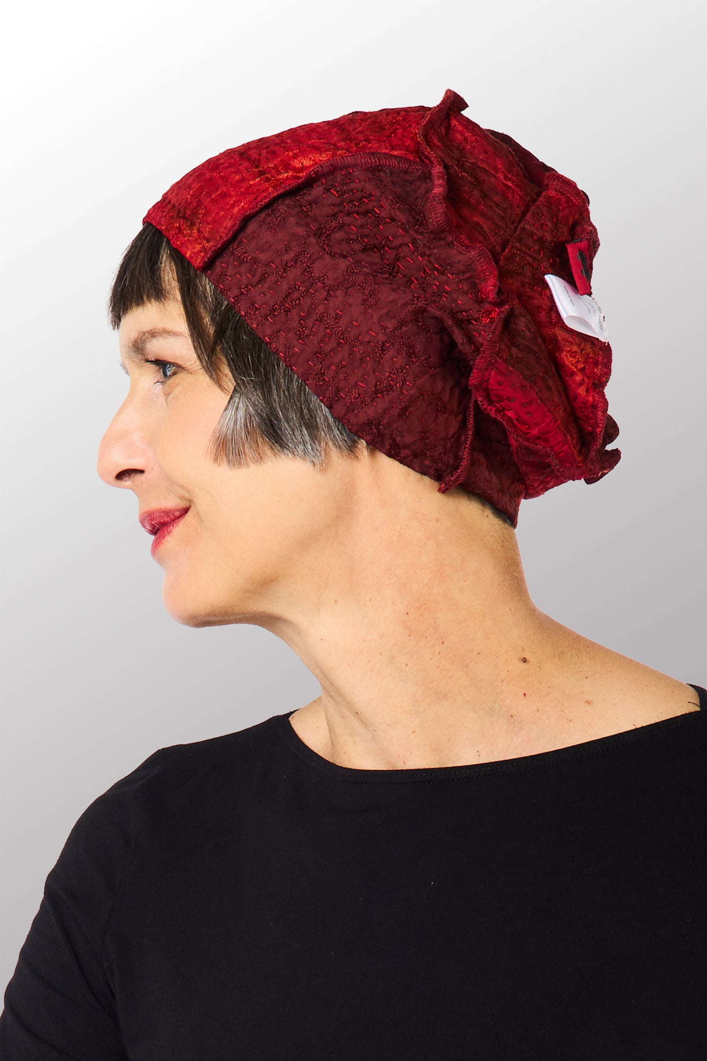 GEORGETTE JACQUARD VINTAGE SILK PATCH KANTHA PATCHWORK HAT - gj4880-red -