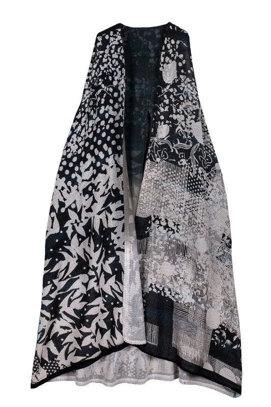 MONOTONE TWILIGHT PRINT KANTHA BACK PLEATED VEST MAXI - tp2222-blk -