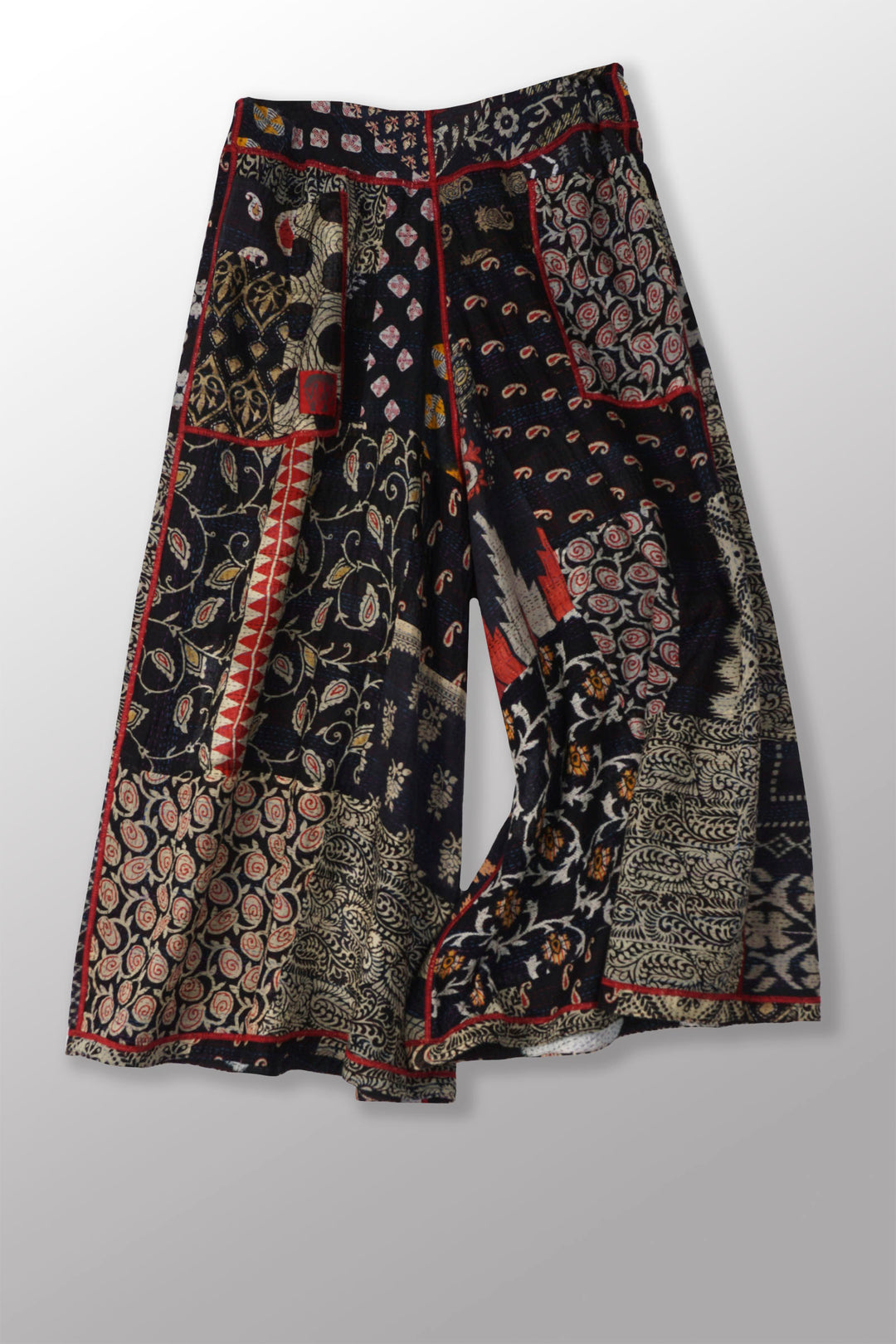 PATCH &amp; CIRCLE PRINT KANTHA WIDE LEG PANTS - pc2623-blk -