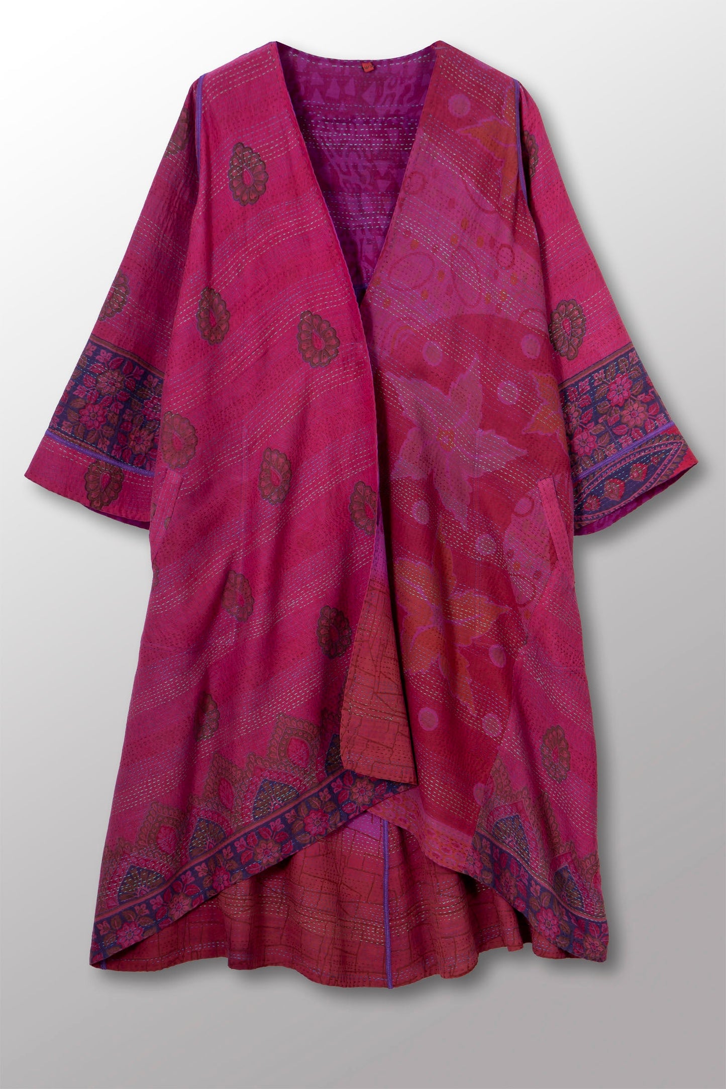 VINTAGE SILK GEORGETTE COTTON KANTHA WRAP FLARE COAT - gc2330-0002a -