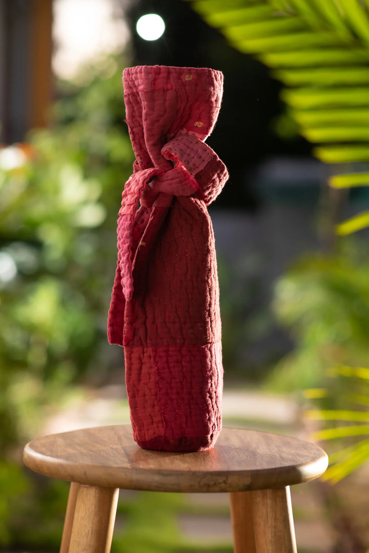 Landscape Handmade Vintage Kantha Wine Bag -Red