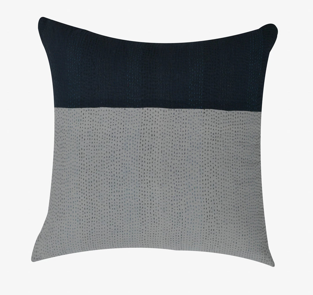 Monotone Ikat Handmade Vintage Kantha Pillow - Black