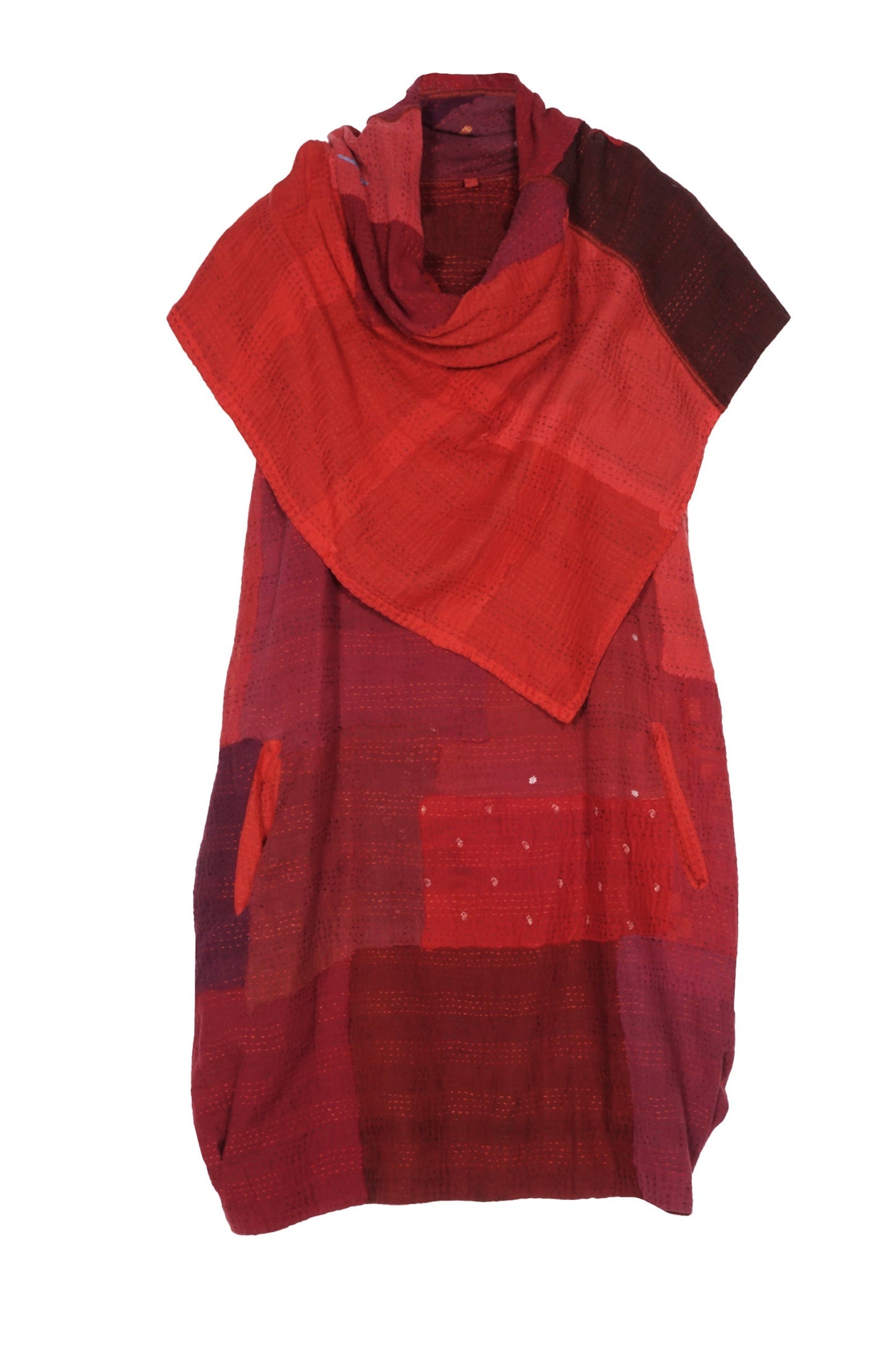 LANDSCAPE FRAYED PATCH KANTHA COWL NECK TUNIC - lf2523-red -