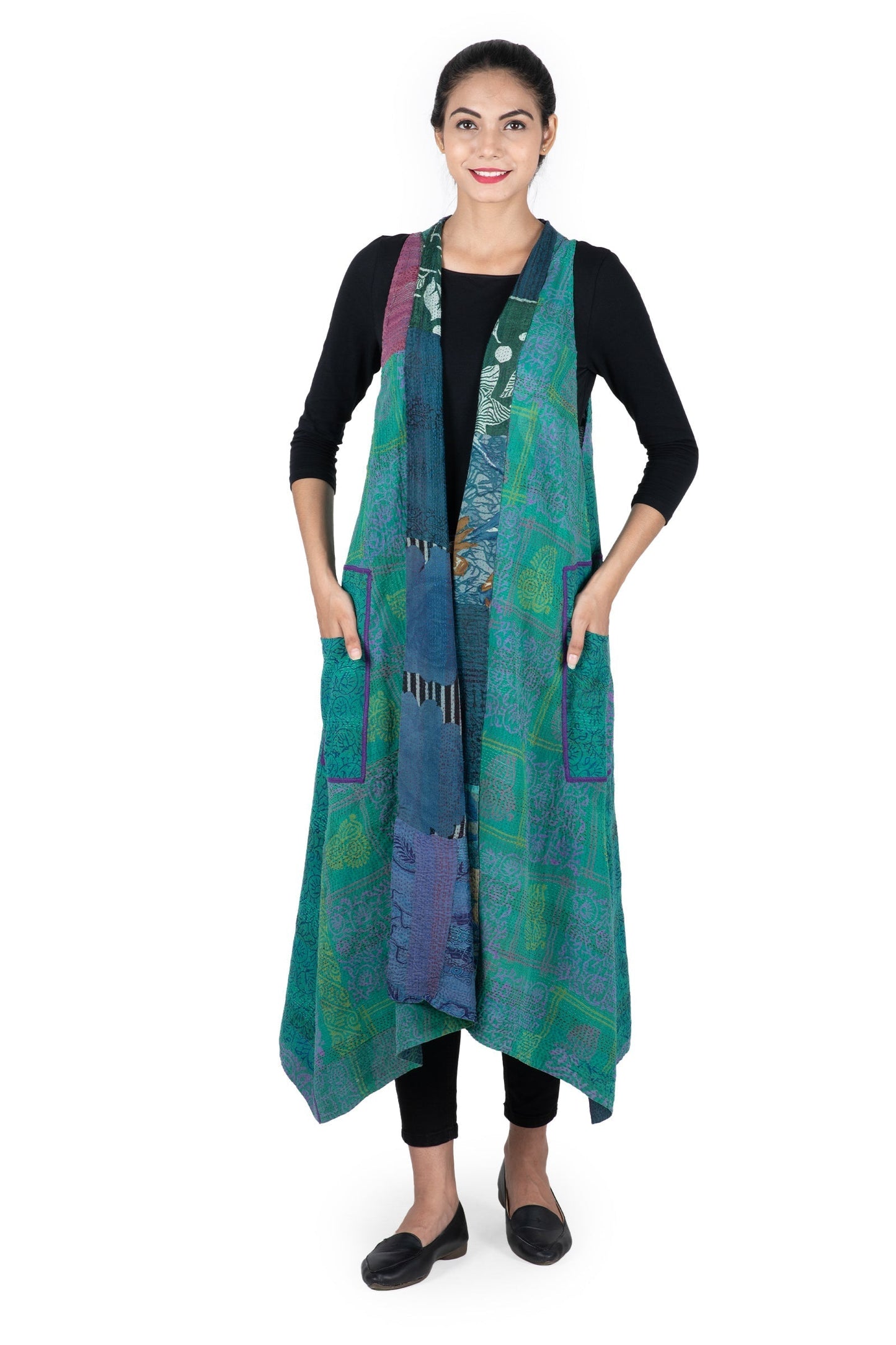 GEORGETTE VINTAGE SILK PATCH KANTHA BACK PLEATED VEST MAXI - gs2222-tel -