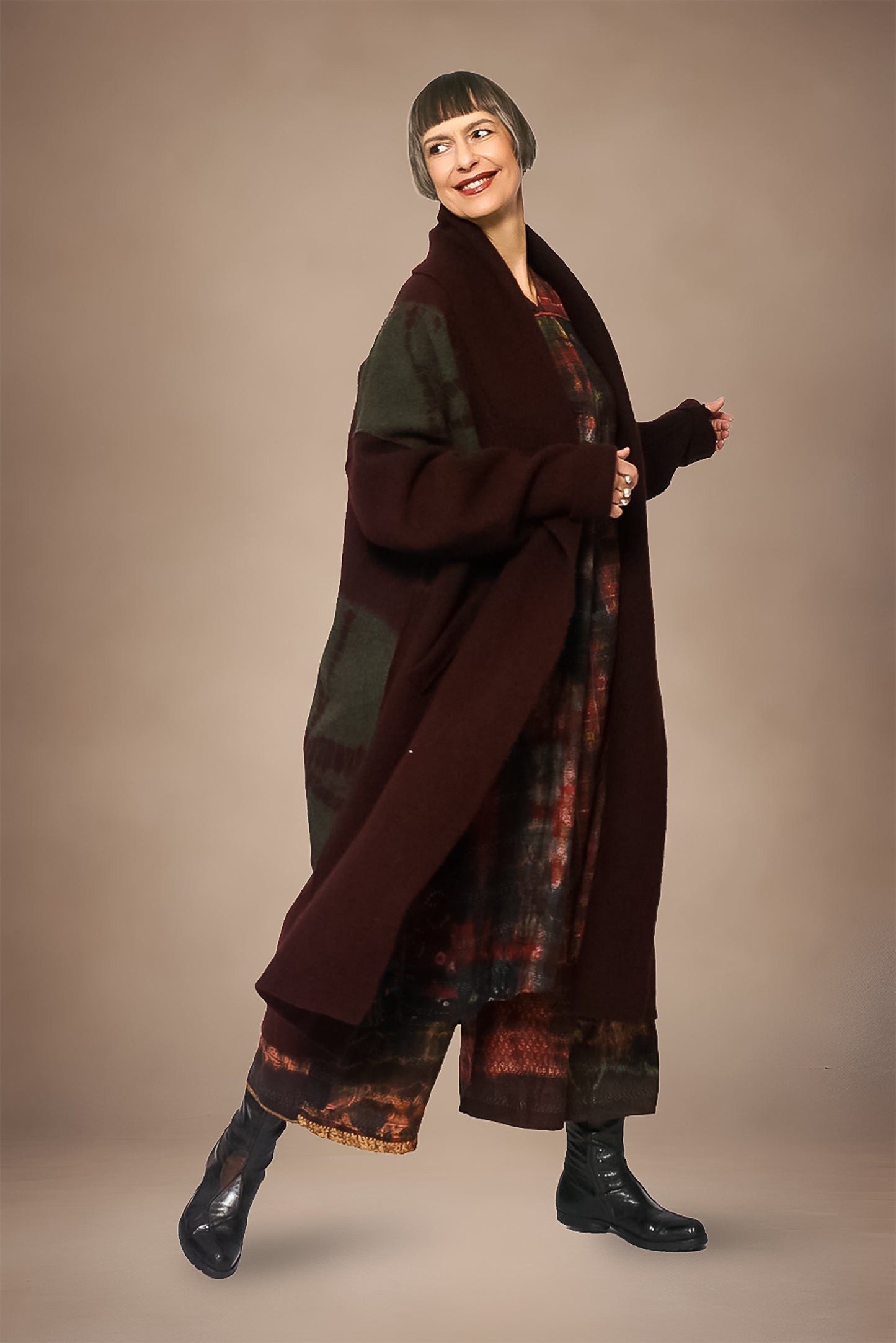 CIRCLE TIE DYE BOILED WOOL NEW SHAWL COAT LONG - tw1362-brn -