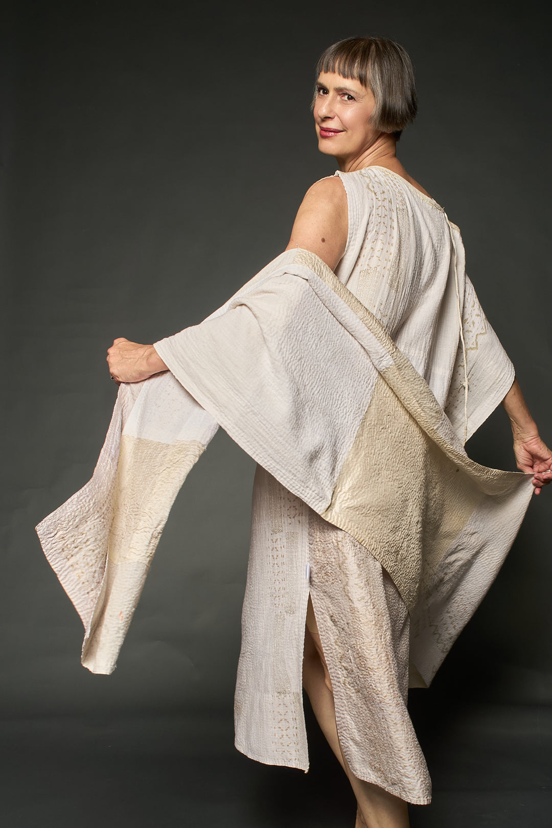 HALF SILK PATCH KANTHA SCARF STANDARD - hs2801-ivy -