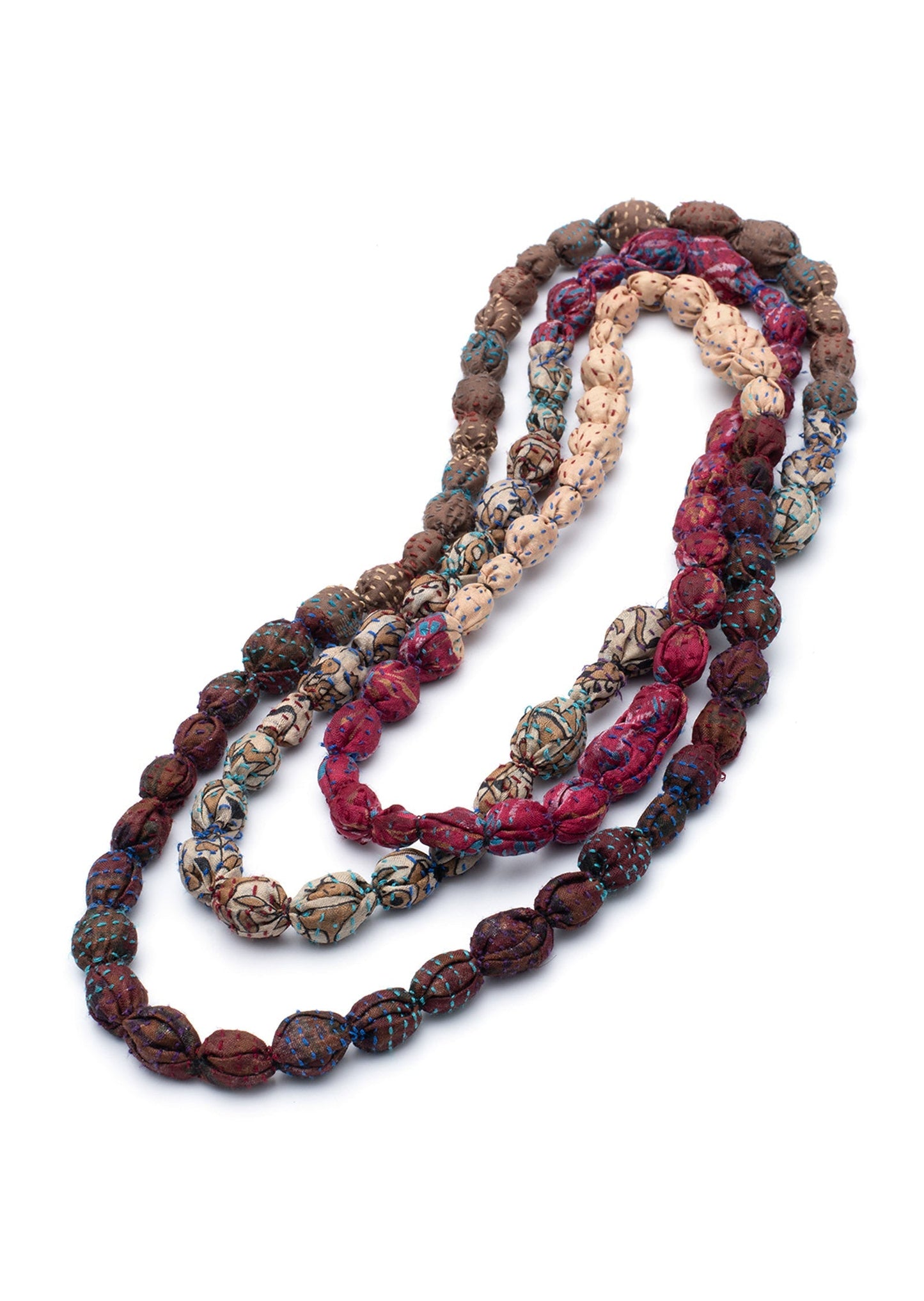VINTAGE SILK KANTHA TIE-BEADS LONG NECKLACE - sv2707-brn -