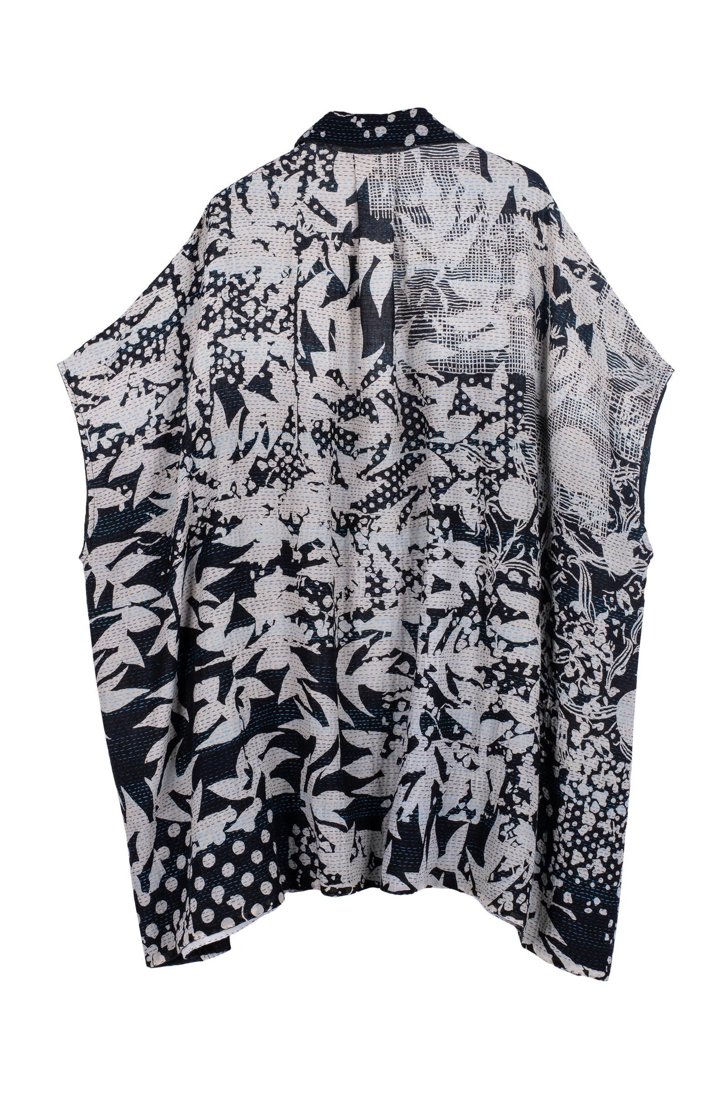 MONOTONE TWILIGHT PRINT KANTHA SHIRT PONCHO - tp2545-blk -