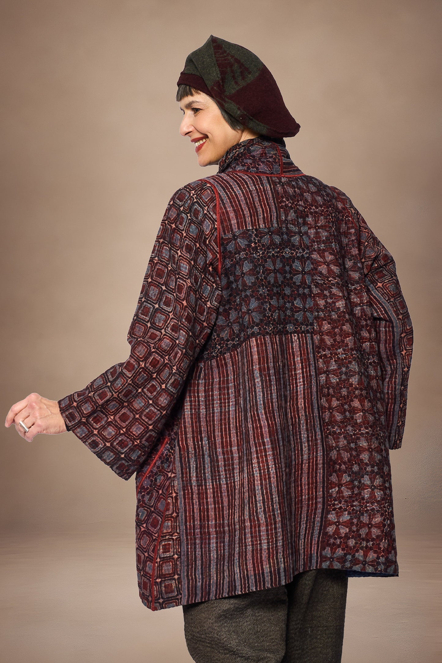 AJRAKH PRINT AND SILK COTTON PATCH KANTHA A-LINE JACKET - az4003-brn -