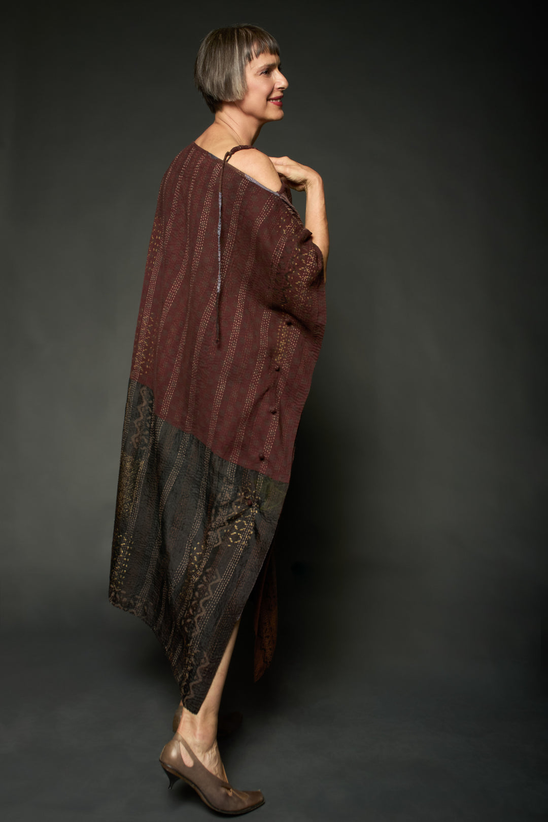 HALF SILK PATCH KANTHA ASYMMETRIC TUBE DRESS - hs2472-brn -
