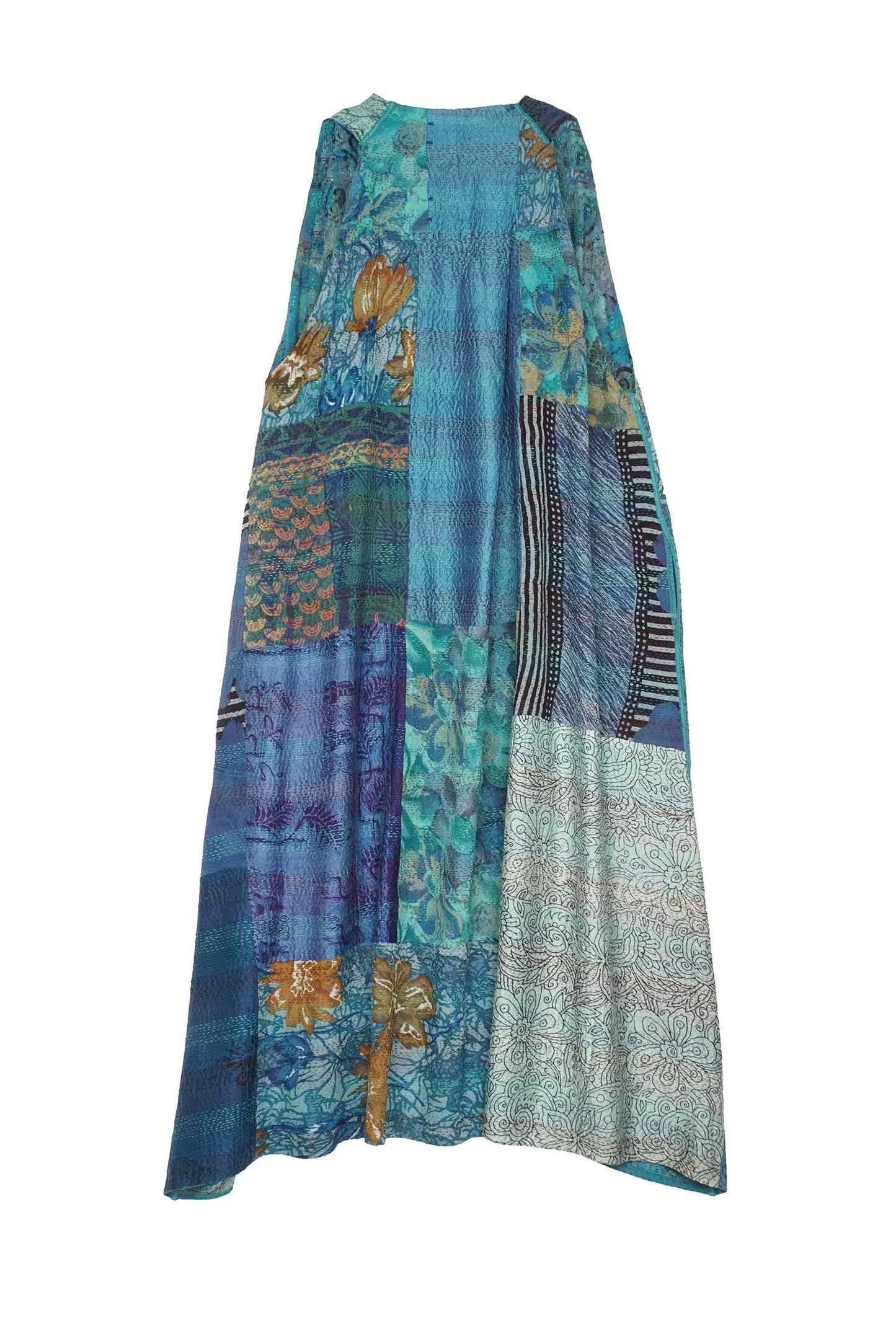 GEORGETTE VINTAGE SILK PATCH KANTHA BACK PLEATED VEST MAXI - gs2222-tel -